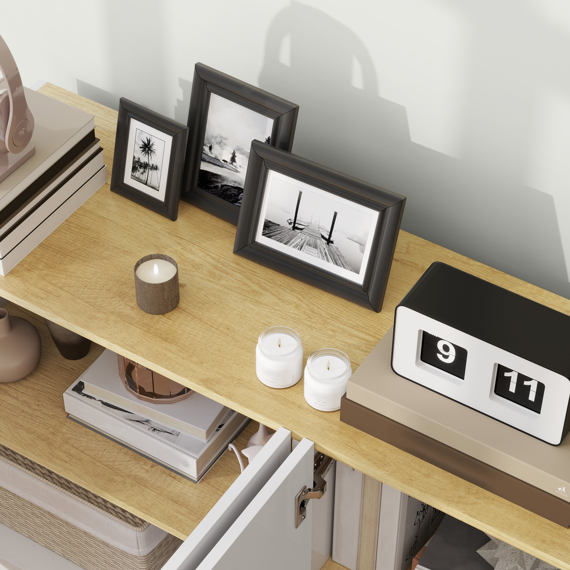  Bufet de Bucatarie cu Usi Amortizate si Rafturi Reglabile, pentru Sufragerie sau Living, 140x40x75 cm, Alb Lucios [8]