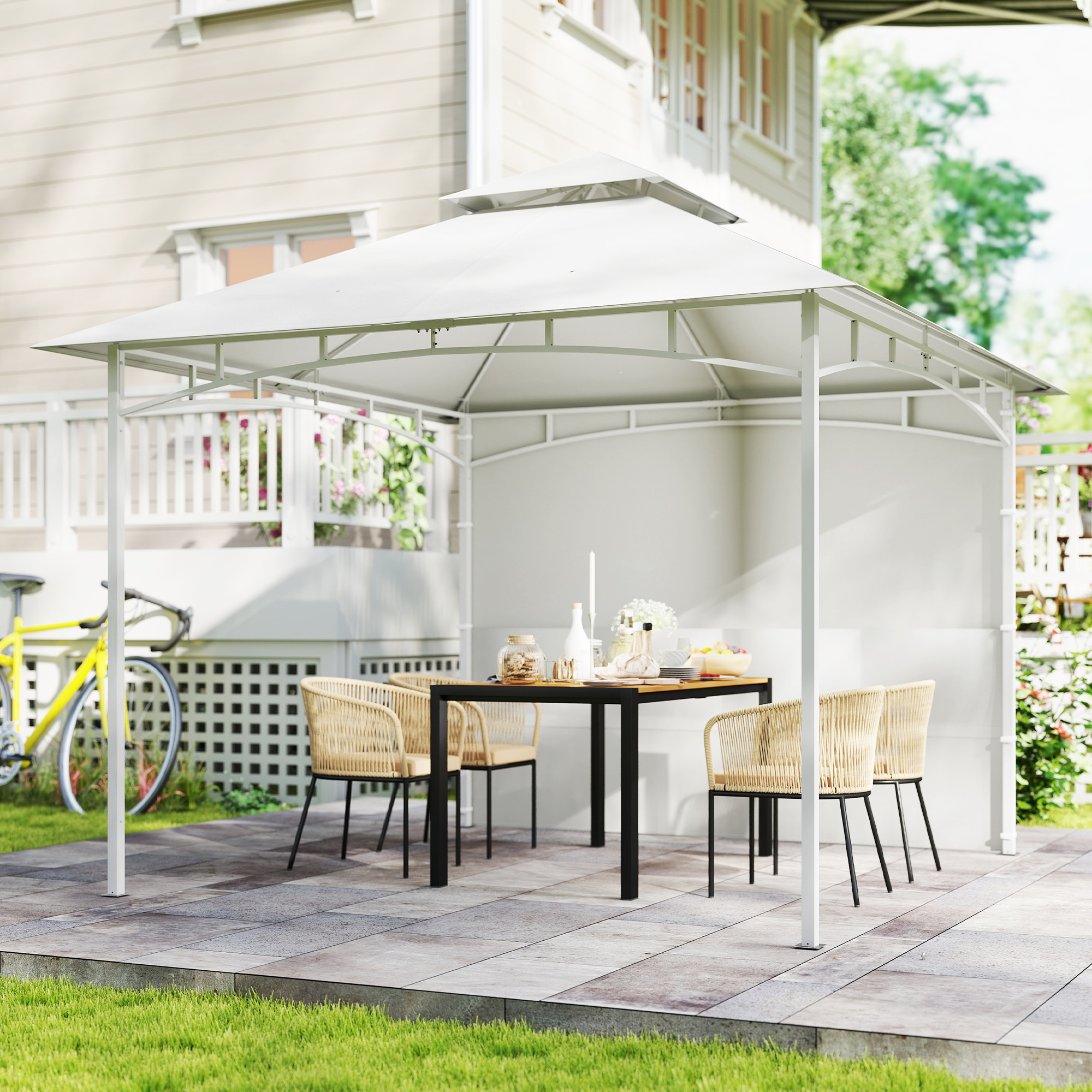  Foisor de Gradina 3x3 m cu Corturi, Buzunare pentru Depozitare si Carlig la Tavan, Foisor din Metal cu Acoperis Dublu, Orificii de Drenaj, UV30+, Crem [8]