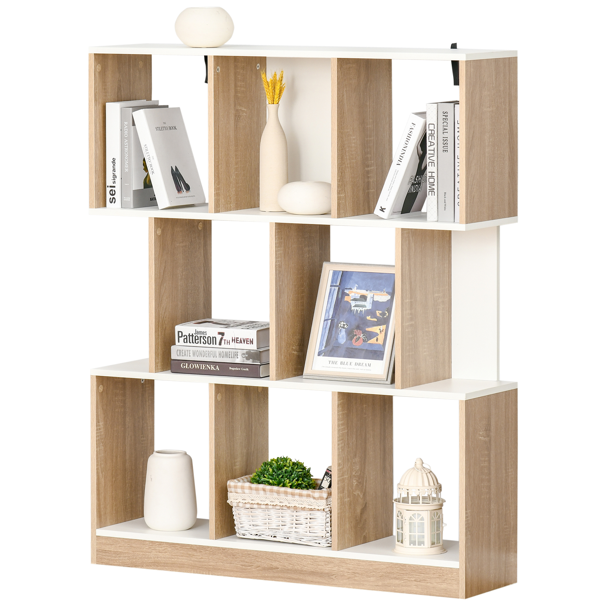 Mobila living -  Biblioteca 100×27×124 cm - Lemn Stejar & Alb cu 8 Rafturi