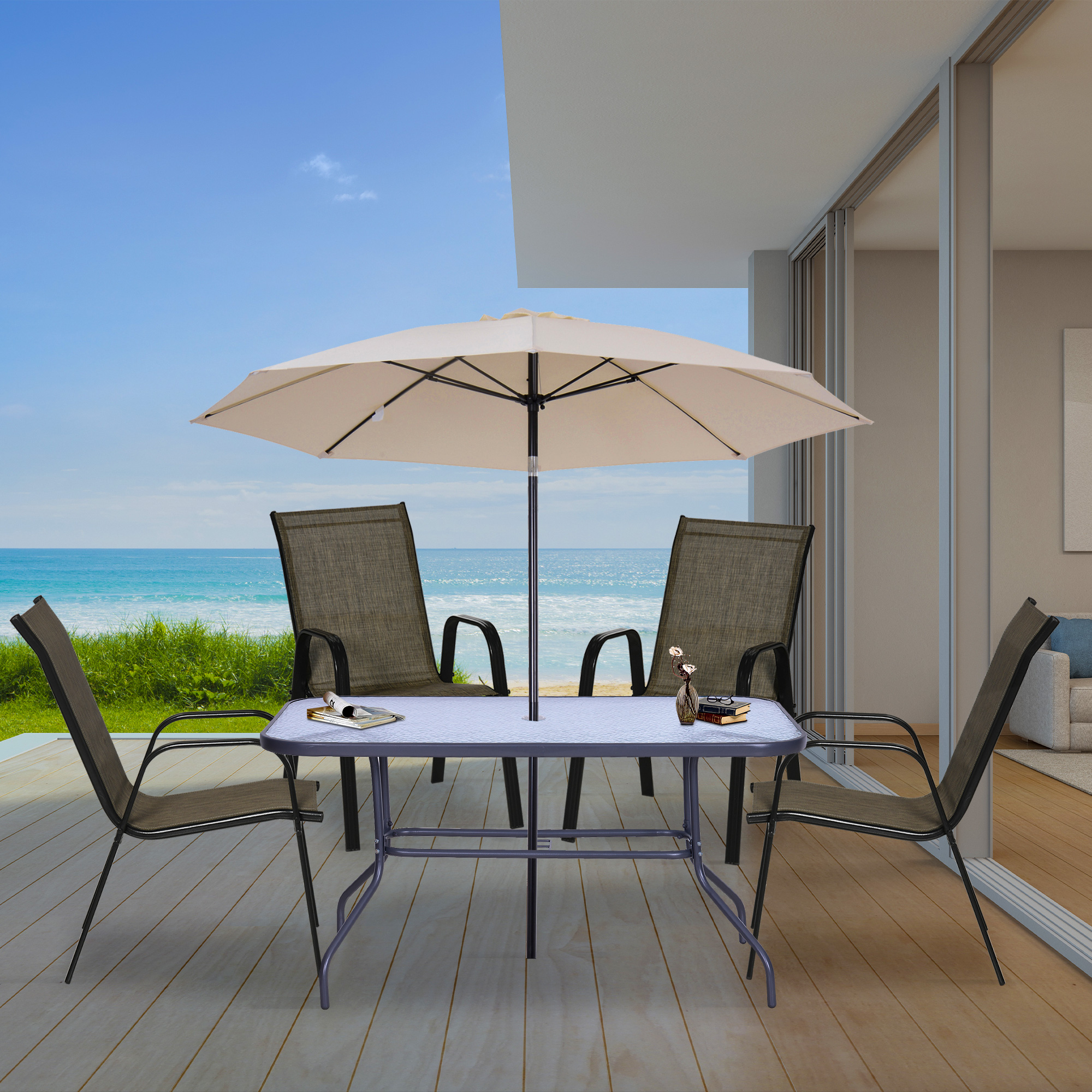  Set 4 Piese Scaune de Gradina cu Cotiere, Scaune de Exterior Stivuibile din Metal si Tesatura Respirabila, Maro [8]