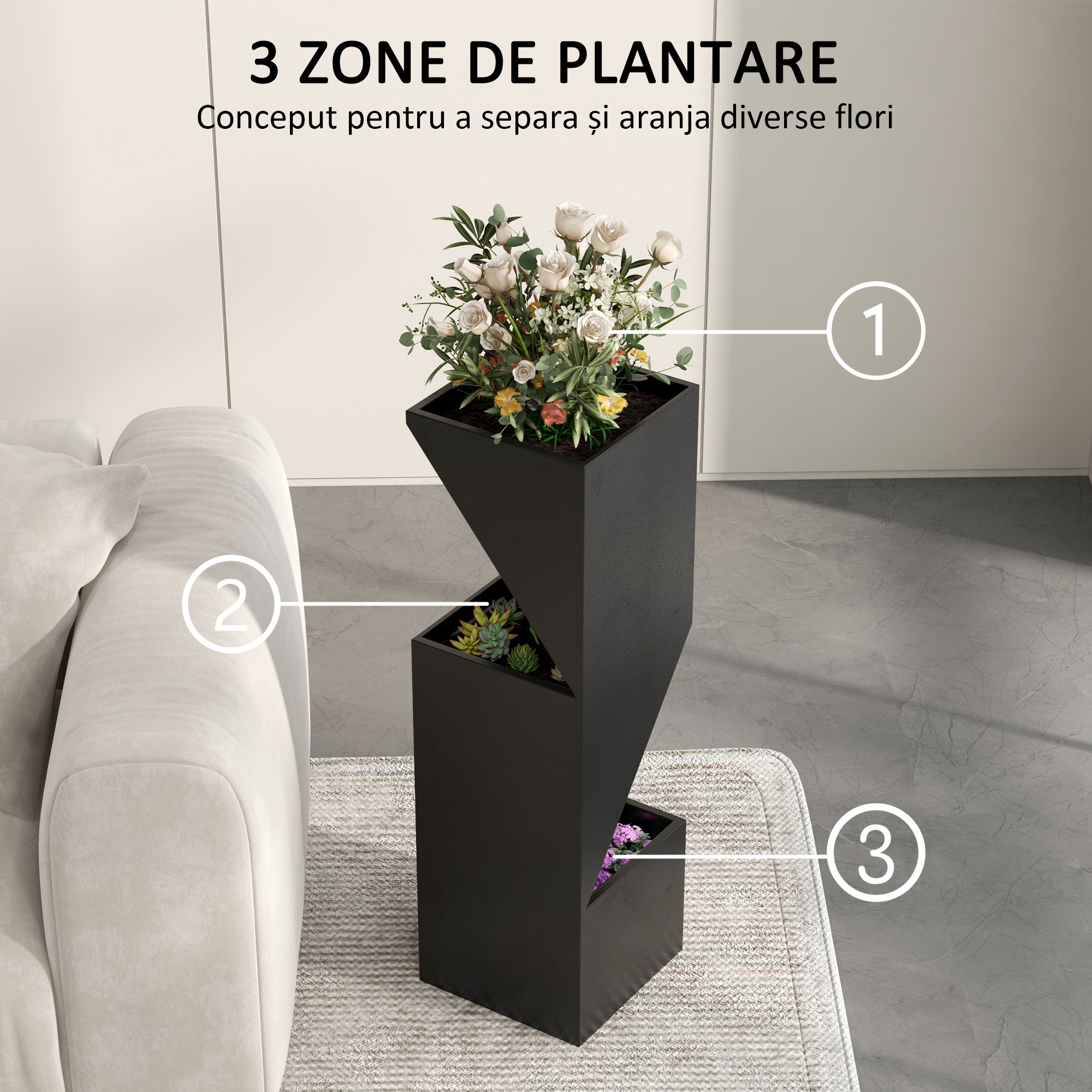  Jardiniera inalta 100cm cu 3 zone de plantare, Negru [5]