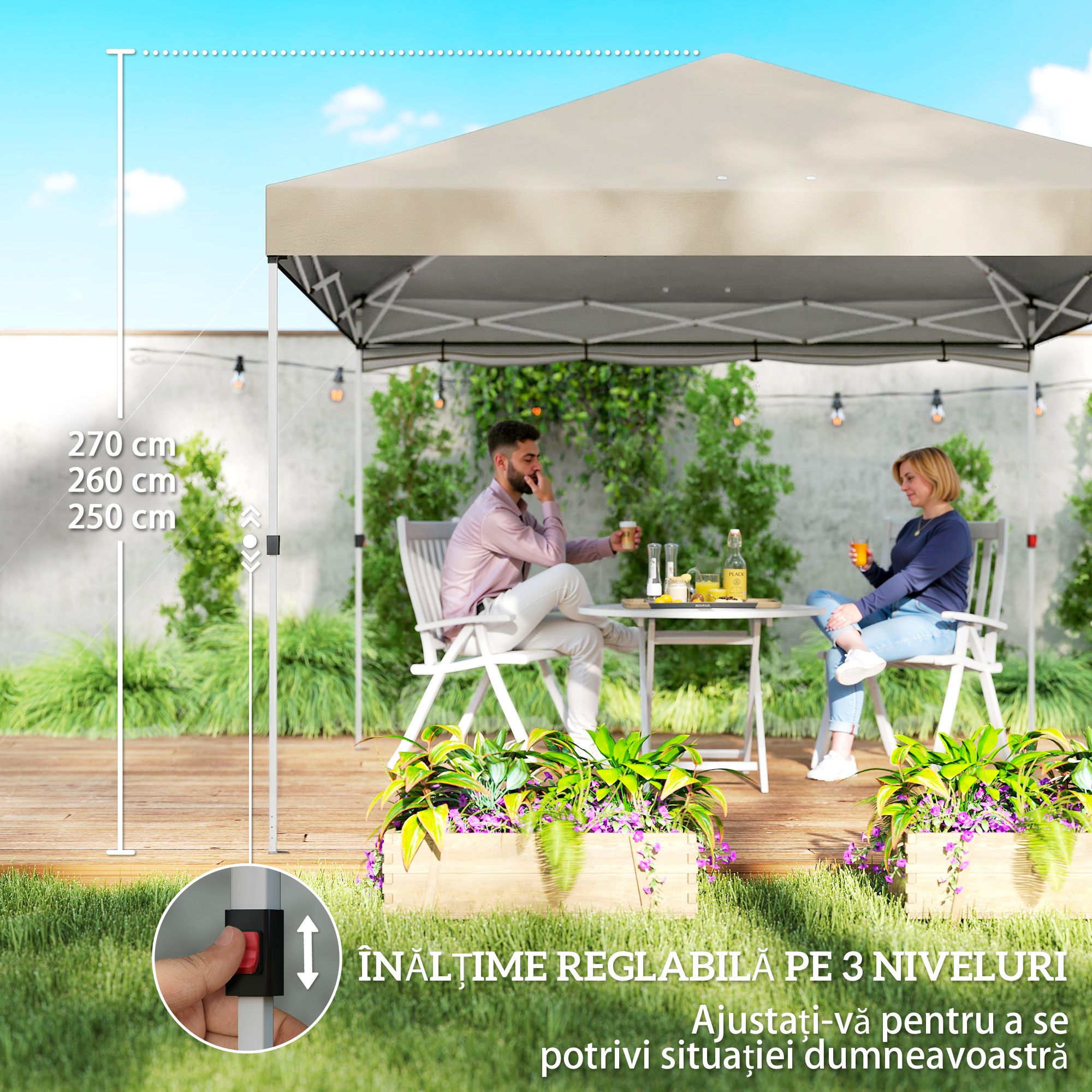 Pavilion pliabil  Pop-Up 3x3 m cu perete lateral, din metal si tesatura Oxford, bej [7]