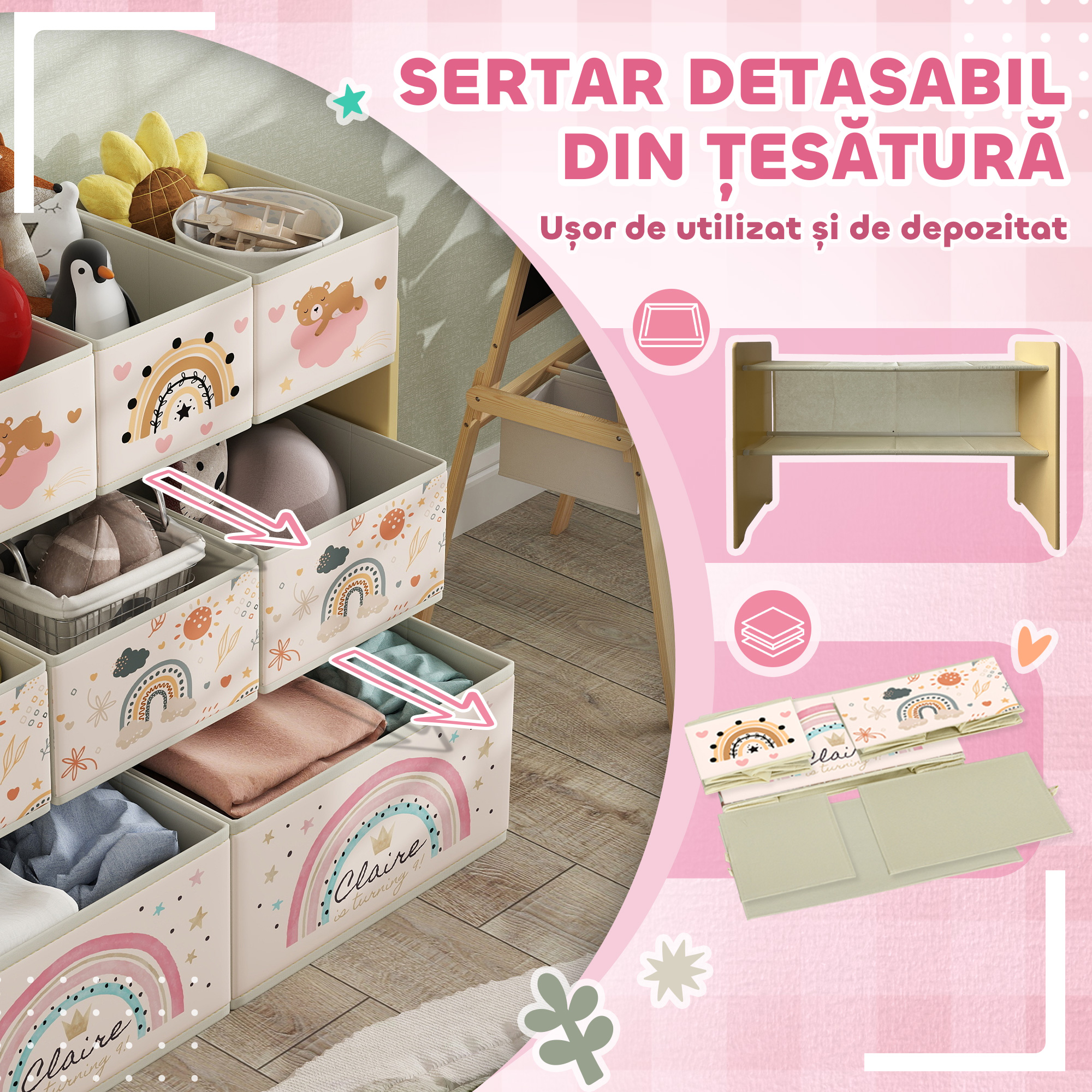  Etajera Depozitare Jucarii cu 3 Niveluri si 9 Cutii de tesatura, Mobilier Depozitare Jucarii, 93x30x70 cm, Galben [4]