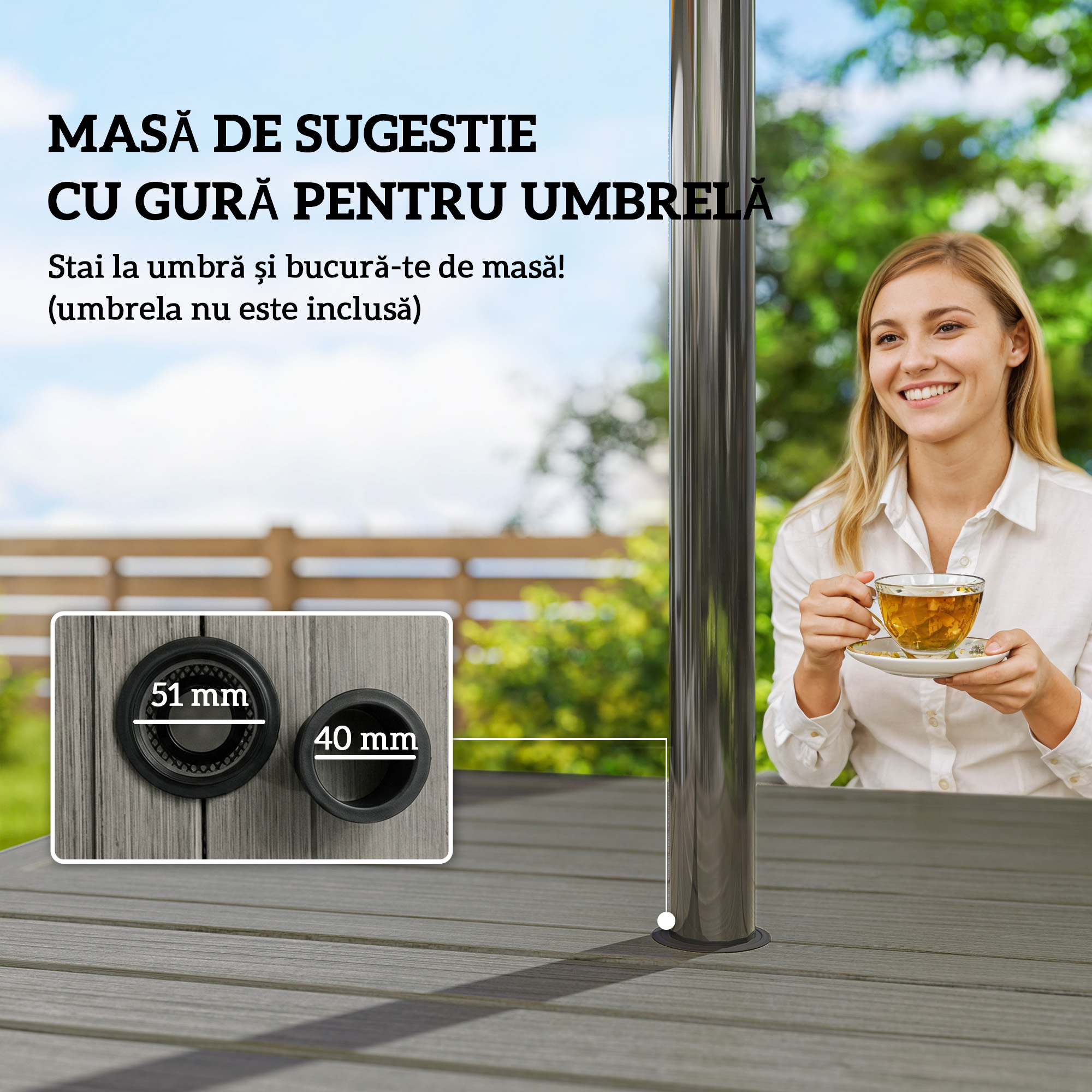  Set de Gradina 5 piese din Otel cu 4 Scaune Stivuibile si Masa cu Orificiu Central si Raft Inferior, Gri [6]