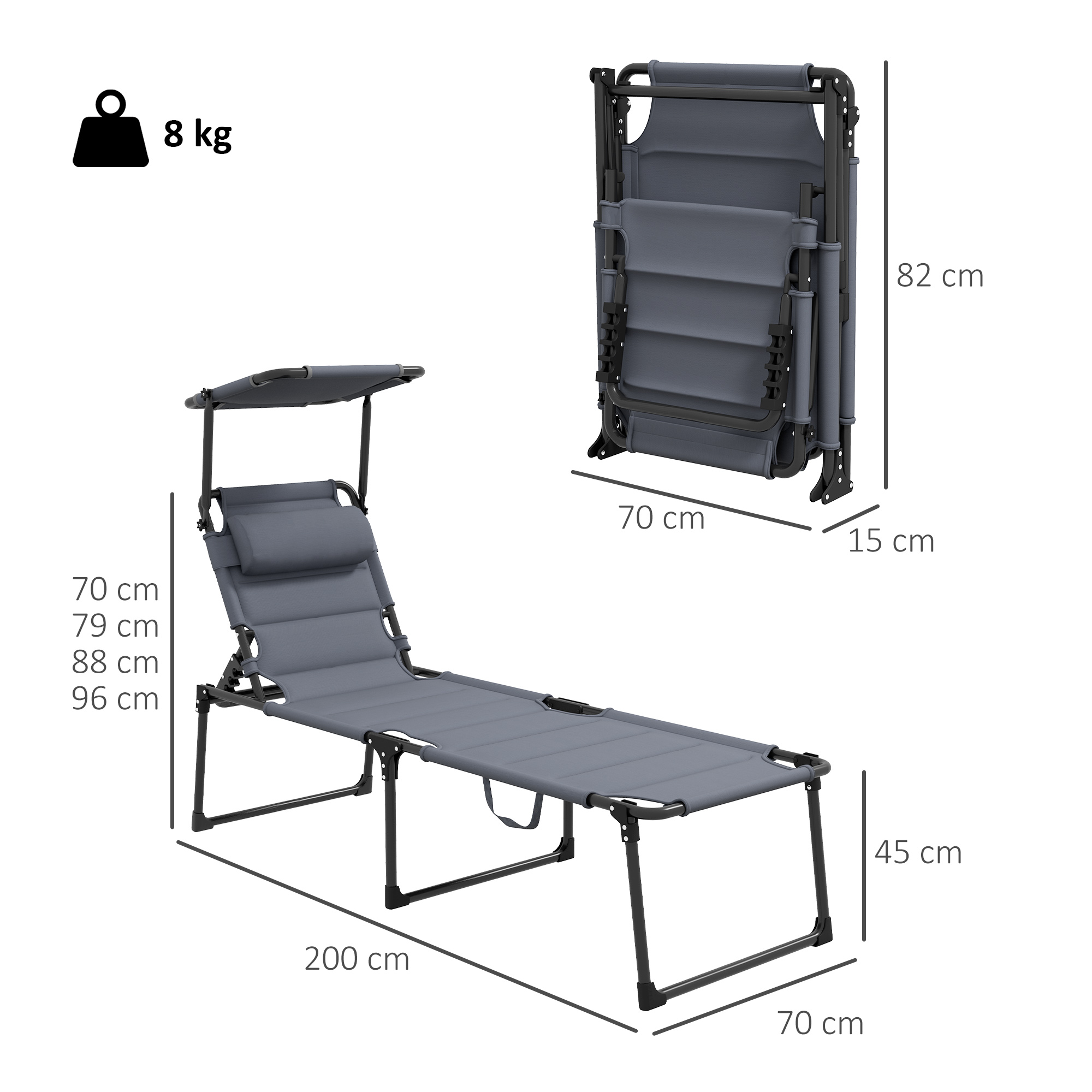  Sezlong pliabil reglabil cu spatar cu 4 pozitii, Gri [2]