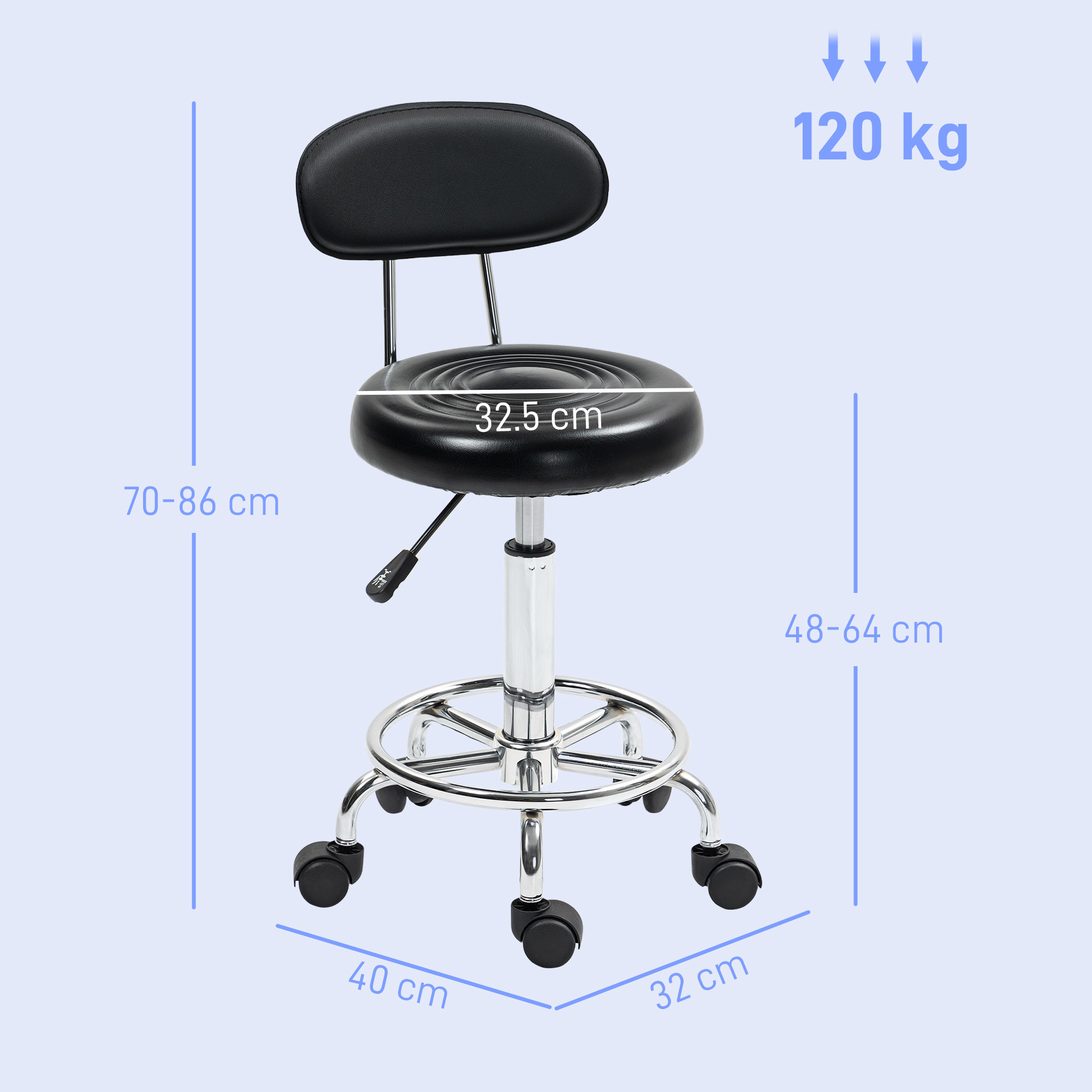  Scaun Rotativ Reglabil la 360°, Scaun Estetician cu Spatar, Roti si Suport pentru Picioare, din Otel, Piele Sintetica, 32x40x70-86 cm, Negru [2]