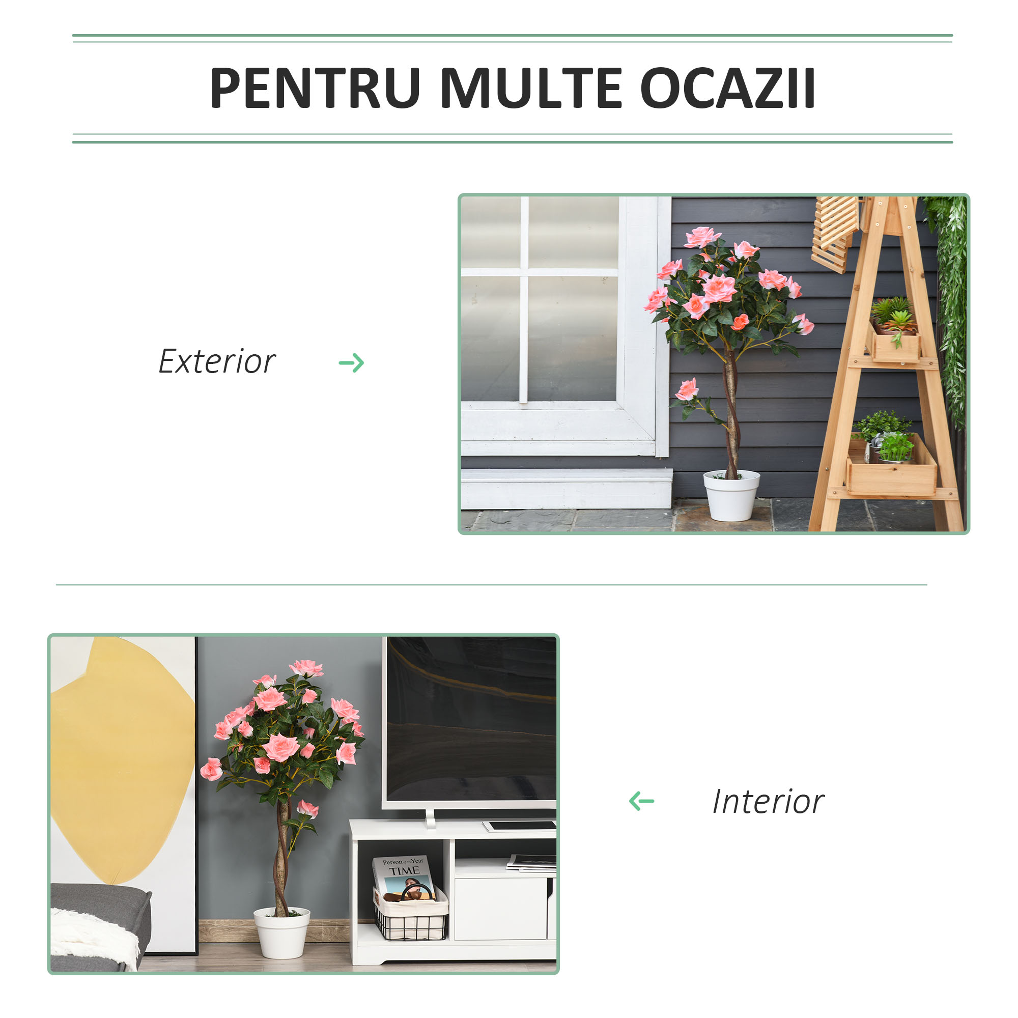  Planta Artificiala de Trandafiri cu 21 de Flori, Ghiveci Umplut cu Ciment si Muschi, Ø18x90 cm, Roz [3]