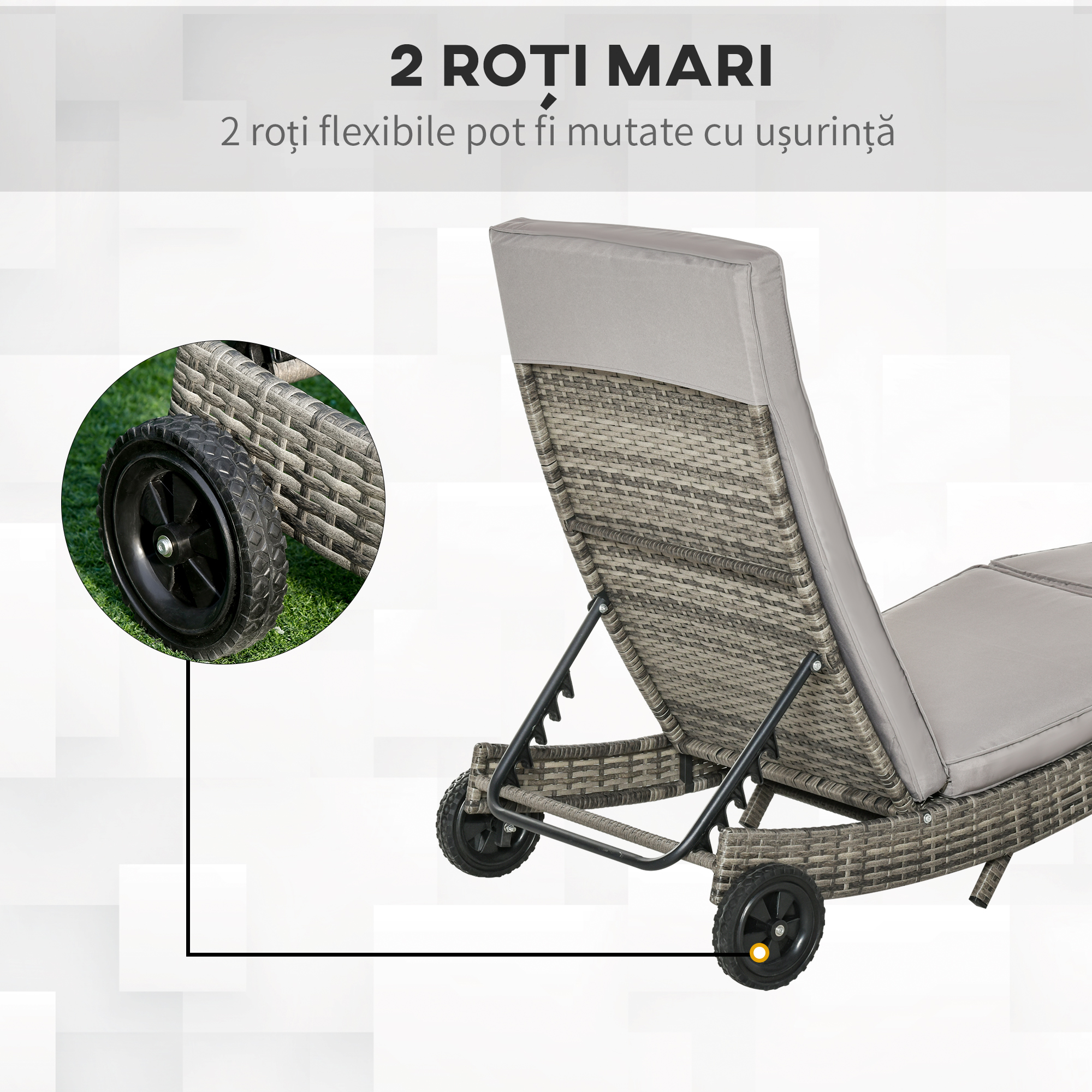  Sezlong de Gradina din Ratan PE, Sezlong pentru Plaja cu Spatar Reglabil si perna Capitonata, 207x70x70cm, Gri [3]