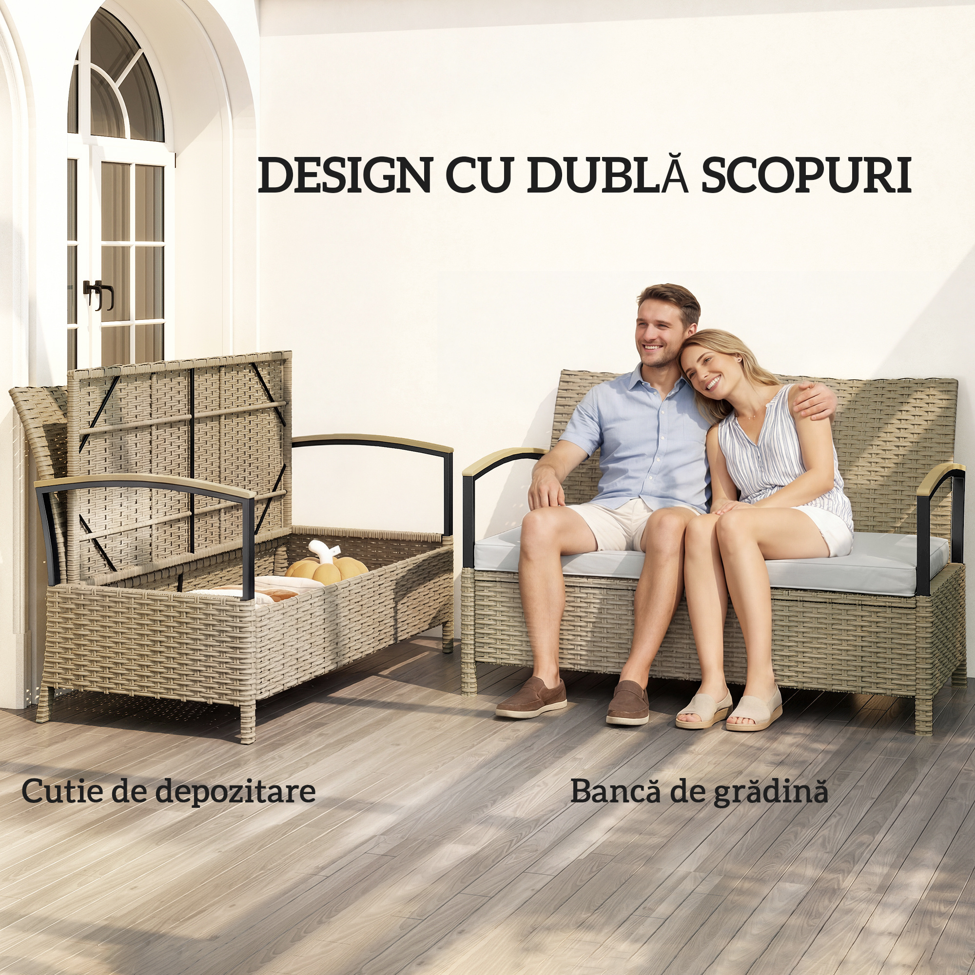  Banca cu Spatiu de Depozitare 125L cu Perna, Cadru Metalic, 123x70x82 cm, Bej [3]