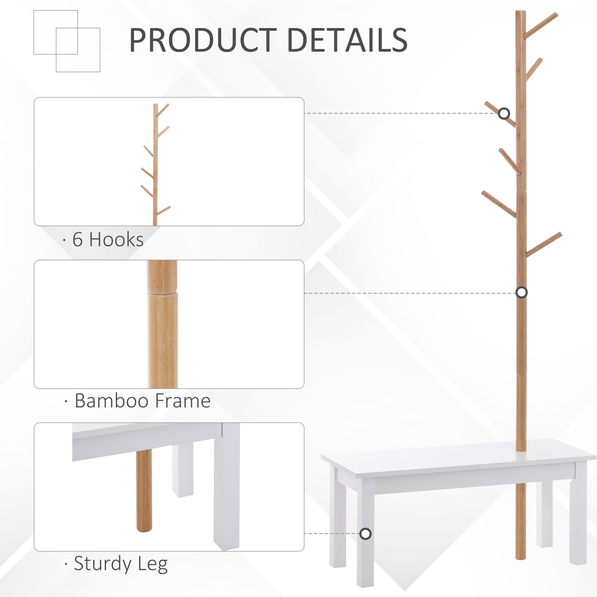  Banca cu Cuier in Bambù, Culoare Alb si Lemn, 80x30x180cm [5]