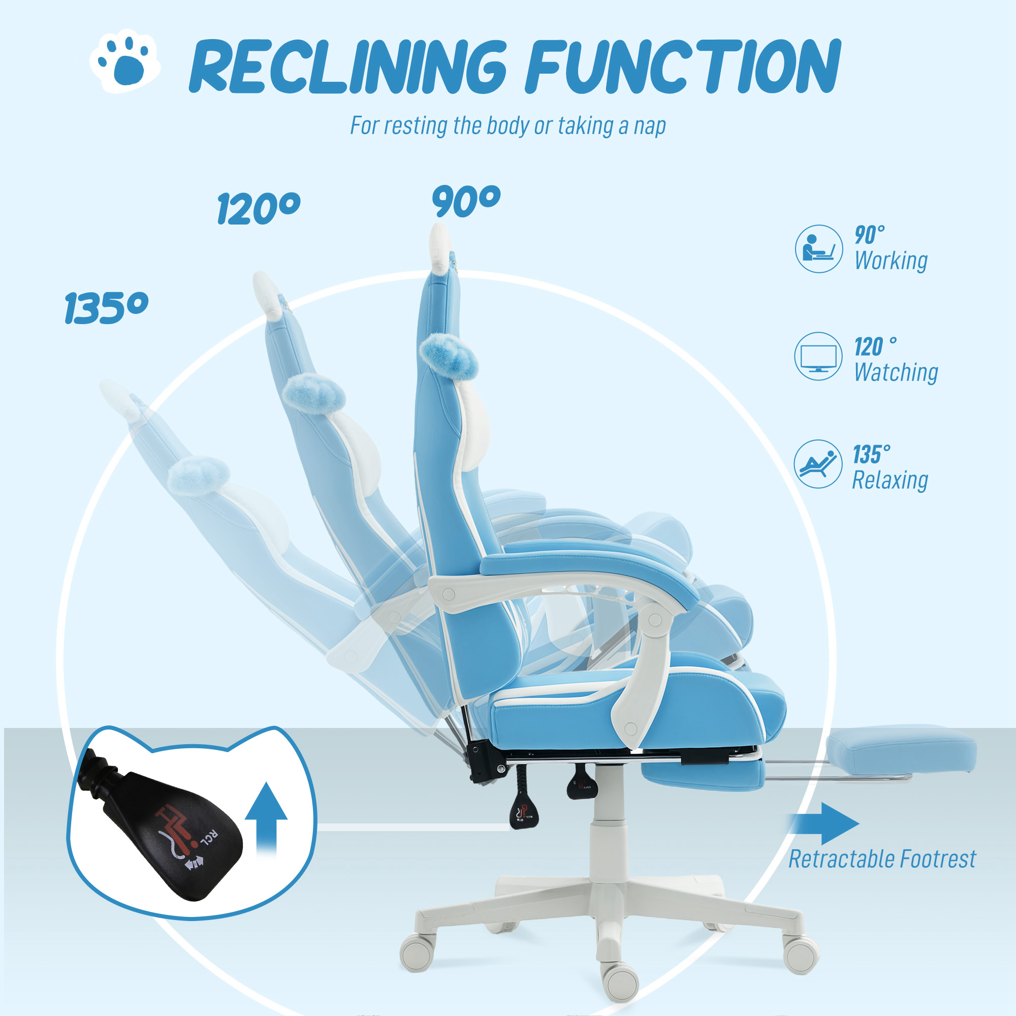  Scaun de gaming reclinabil cu suport pentru picioare si perne, 65x62x124 cm, alb si albastru [5]