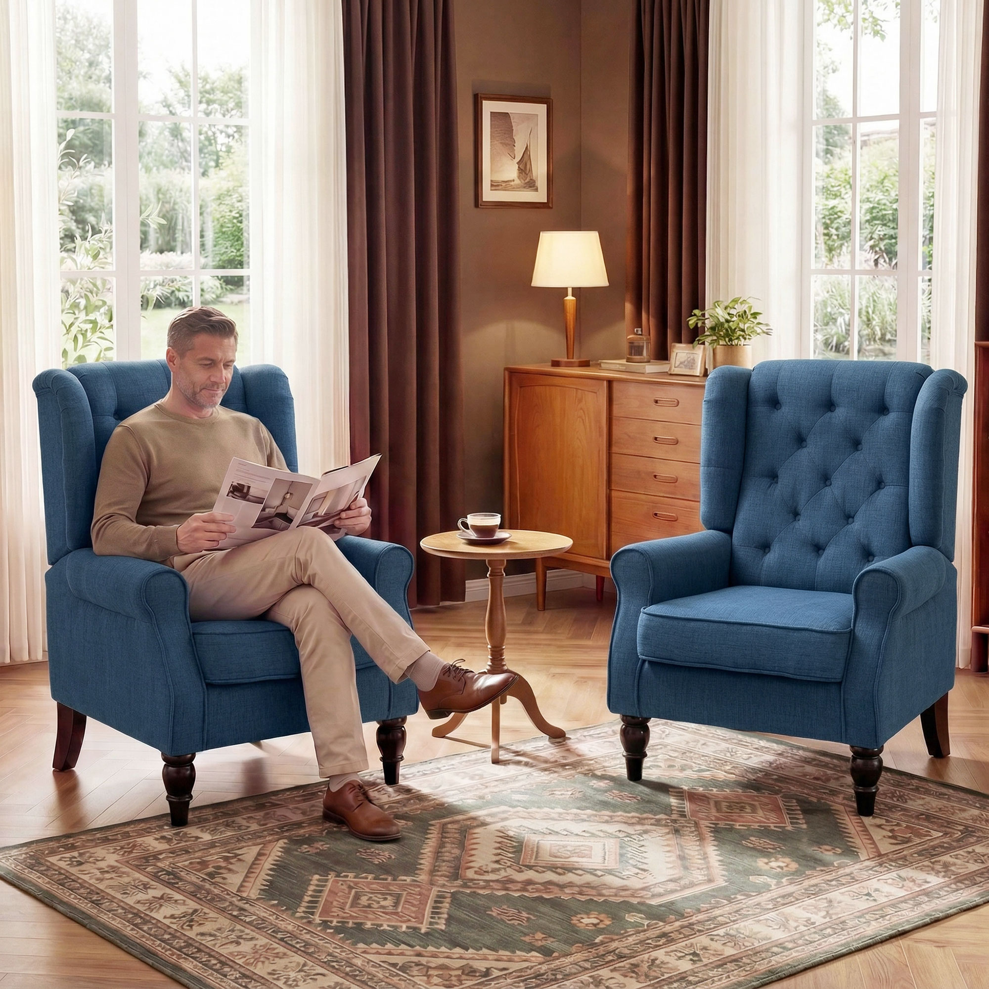  Fotoliu pentru Living in Stil Francez cu sezut Confortabil si Perne, Catifea, 74x86x102 cm, Albastru [8]