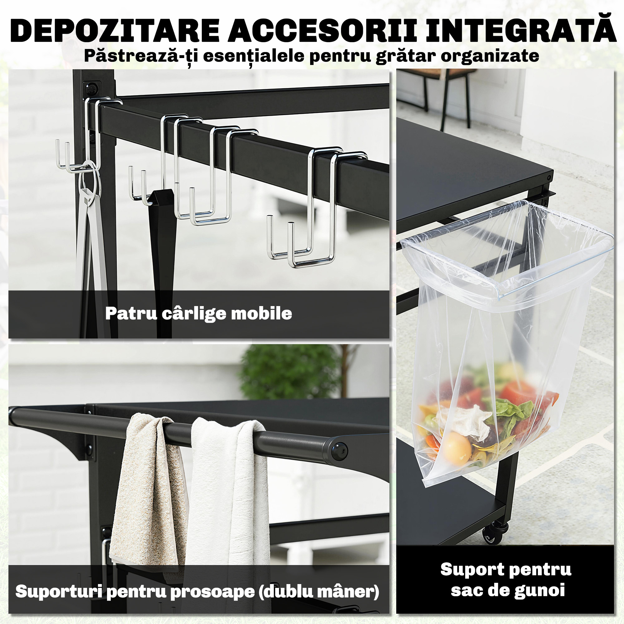  Carucior pentru Gratar, 2 Rafturi, Suport Pizza, Suport Saci si Carlige, Negru. [4]