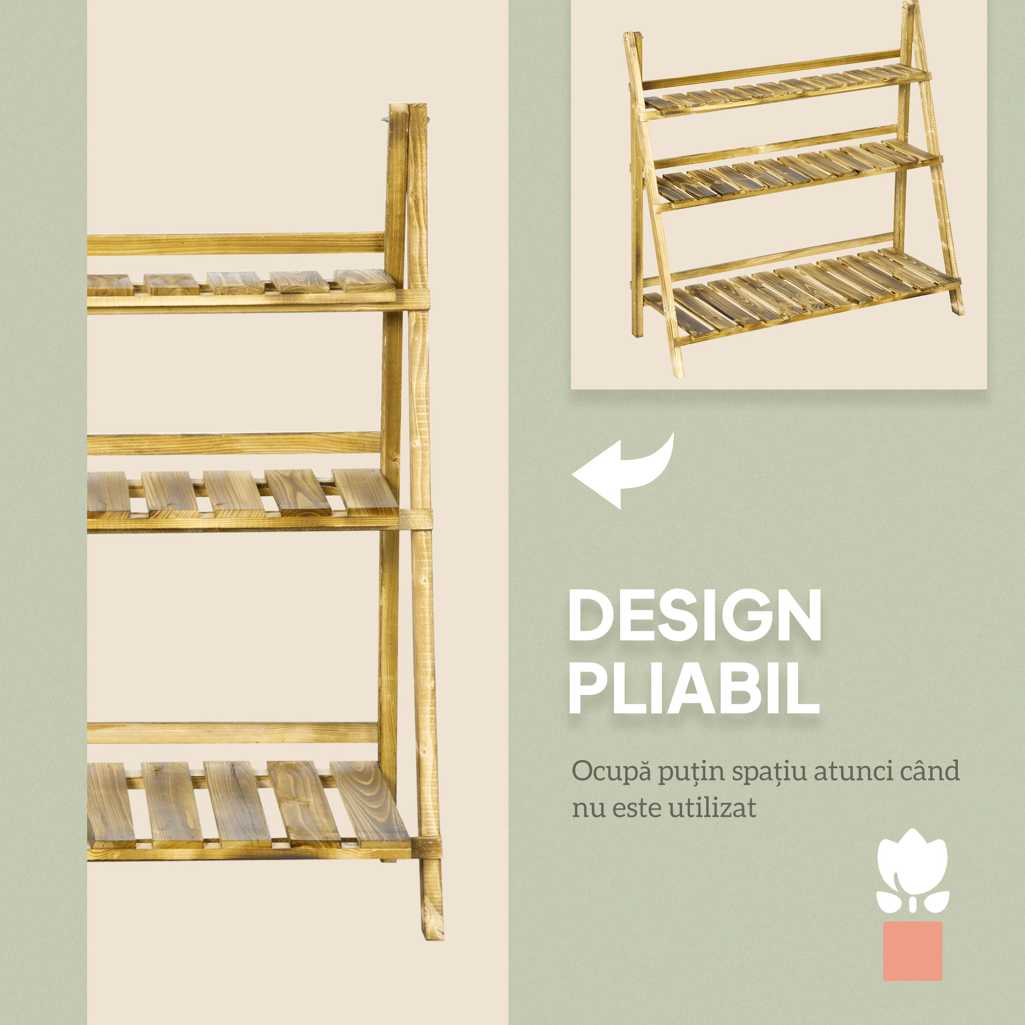  Suport Pliabil pentru Plante din Lemn de Brad cu 3 Nivele, 100x37x93 cm, Lemn Natural [5]