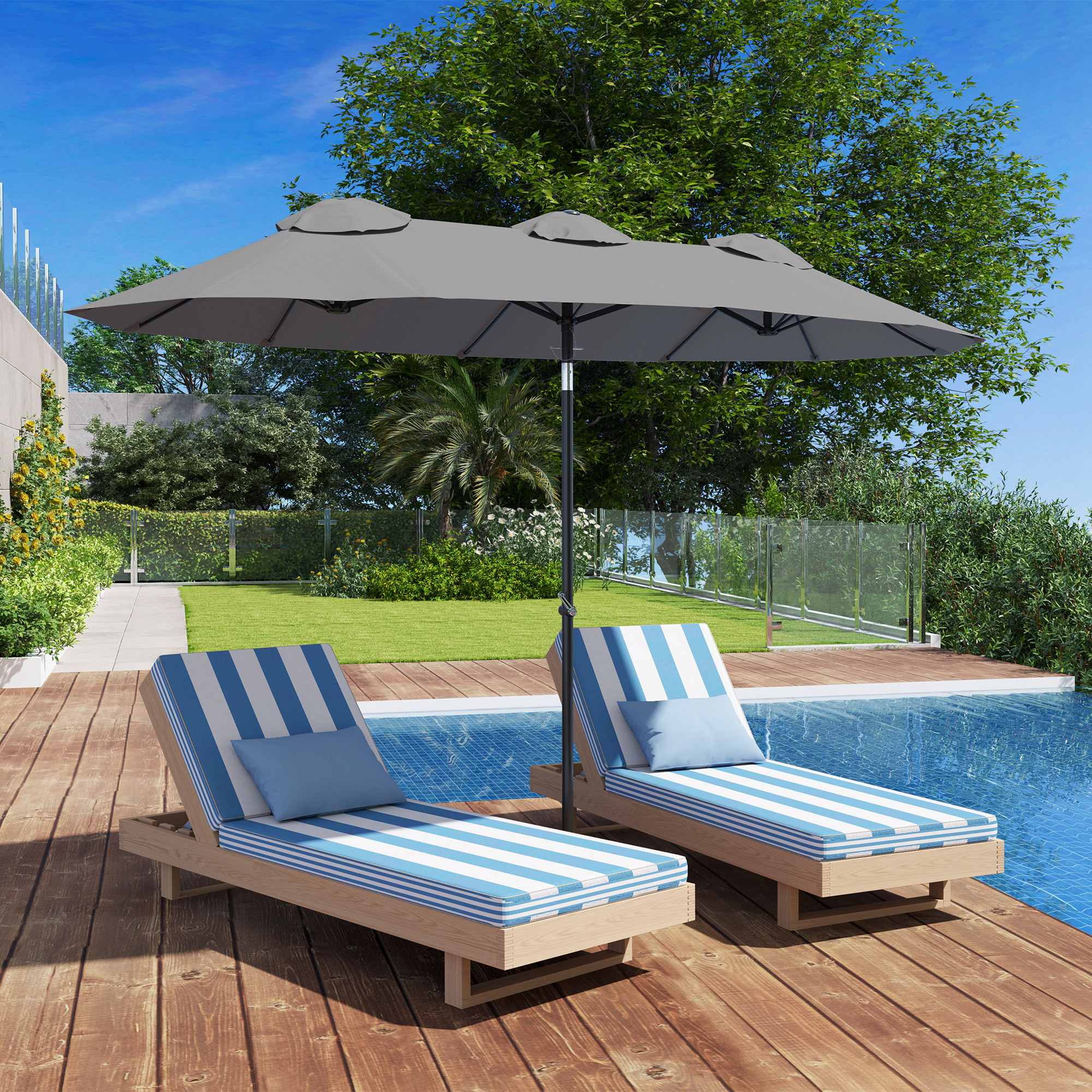  Umbrela de Gradina Dubla inclinabila 45°, cu Manivela si 3 Orificii de Ventilatie, 295x152x222 cm, Gri [1]