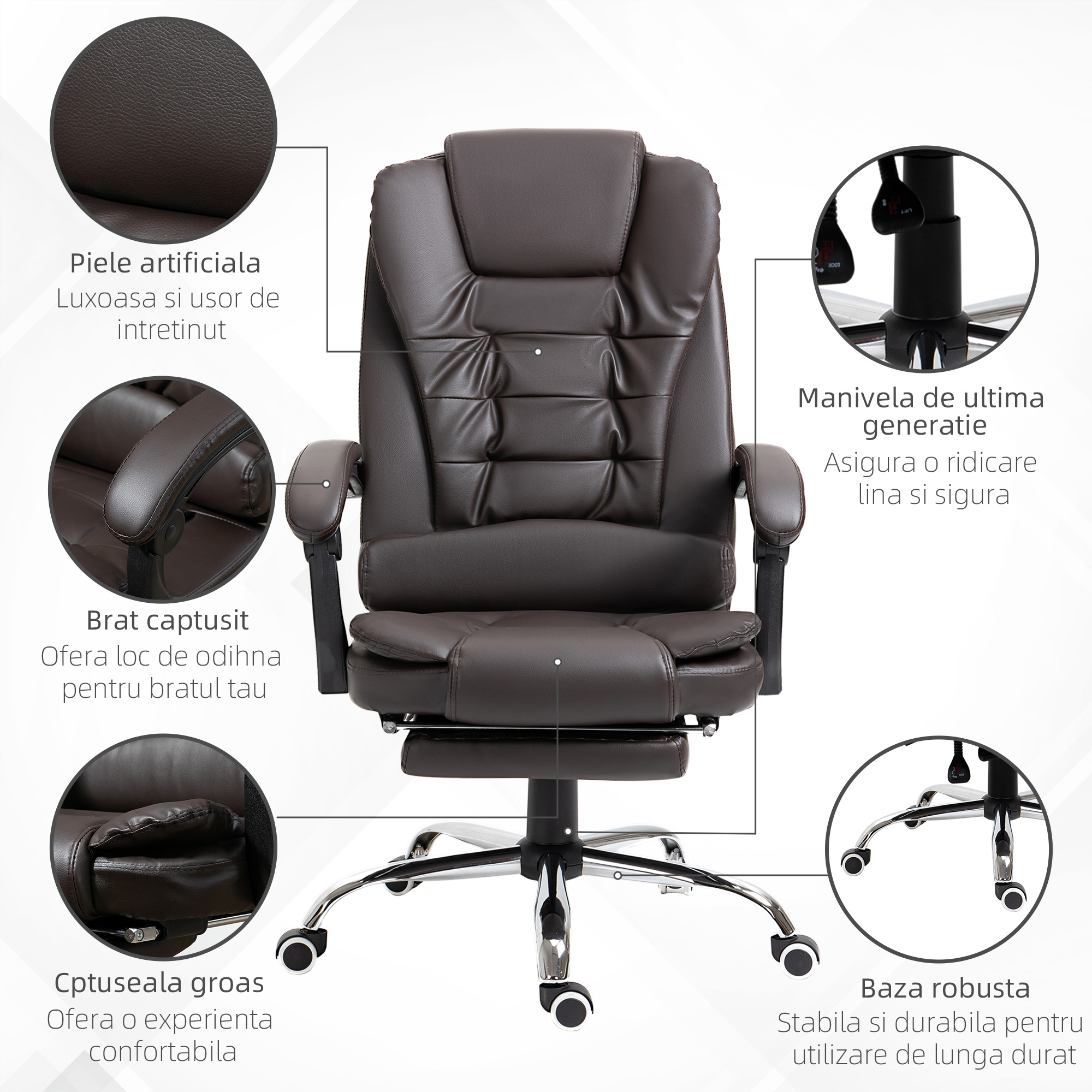  Fotoliu de Birou Rotativ cu Spatar si inaltime Reglabila si Suport pentru Picioare,  64,5x69x117 cm, Maro [6]