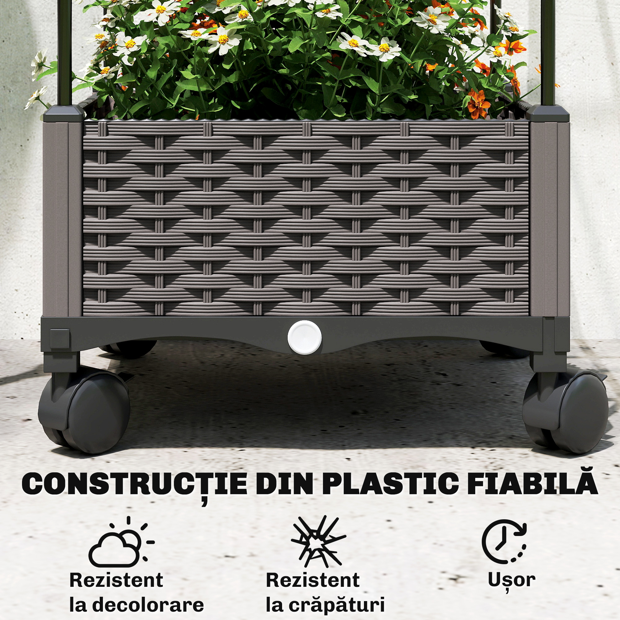 Jardiniera inaltata Autoiriganta din Metal cu Spalier de 185 cm, cu 4 Roti Blocabile pentru Plante Cataratoare, Recipient cu Gauri de Drenaj pentru Legume si Flori, Negru [6]
