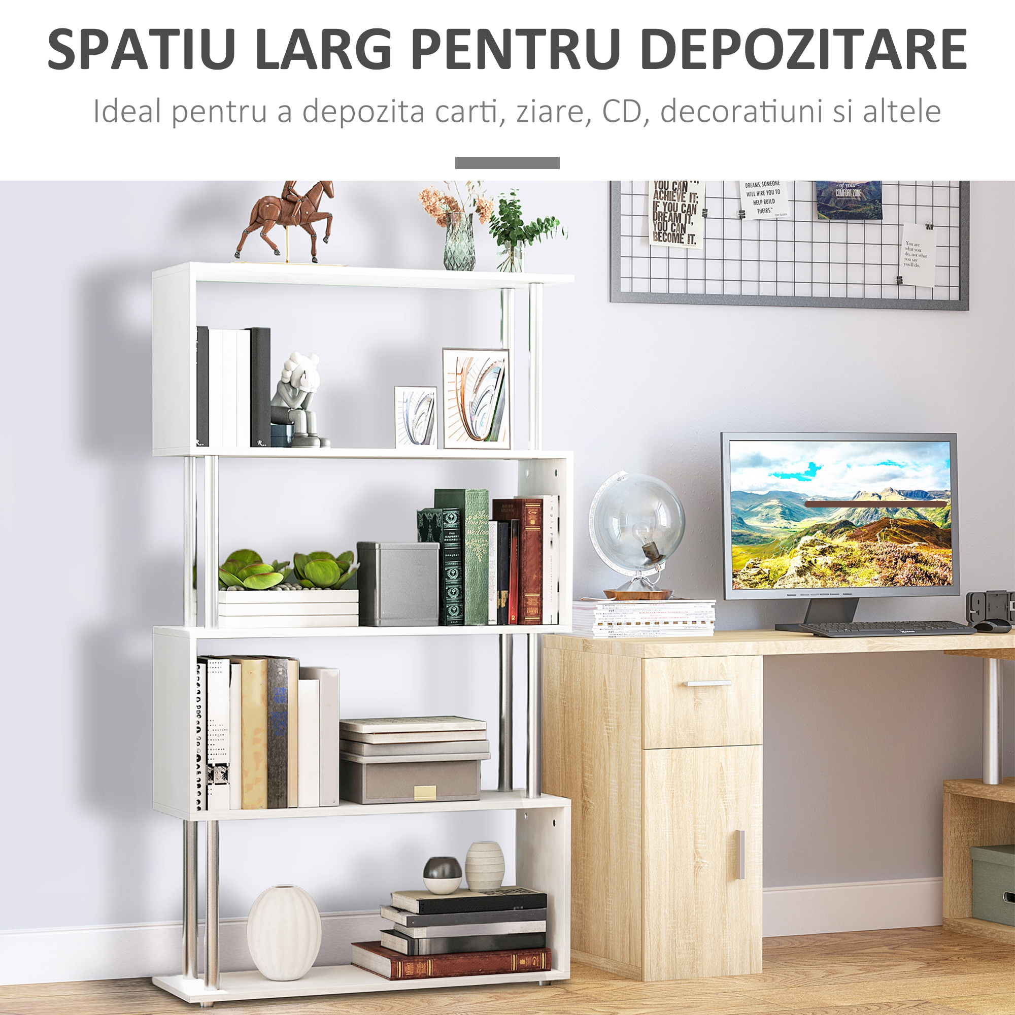  biblioteca moderna, 4 rafturi, 80x30x145cm alb [3]