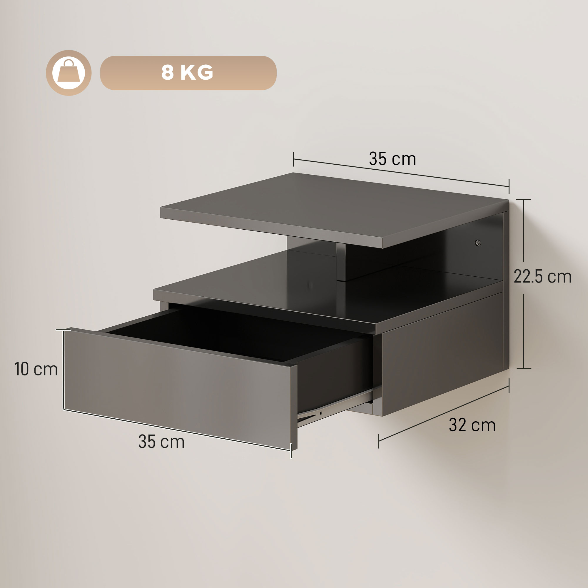  Set de 2 noptiere moderne suspendate cu sertar si polita din lemn, 35x32x22,5cm, negru lucios [2]