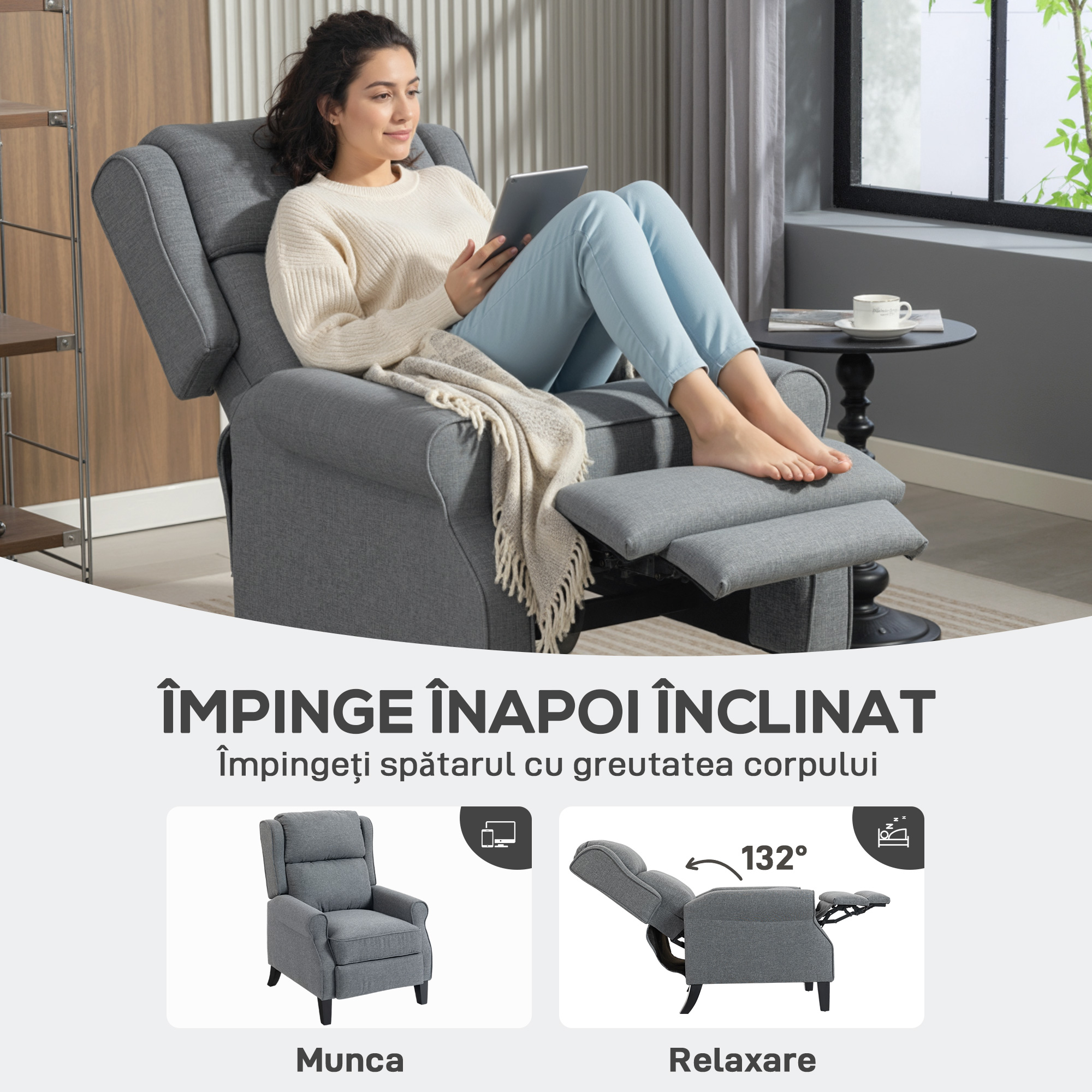  Fotoliu Reclinabil 132° max din Material Tip In cu Suport pentru Picioare, 74x84x102 cm, Gri [3]