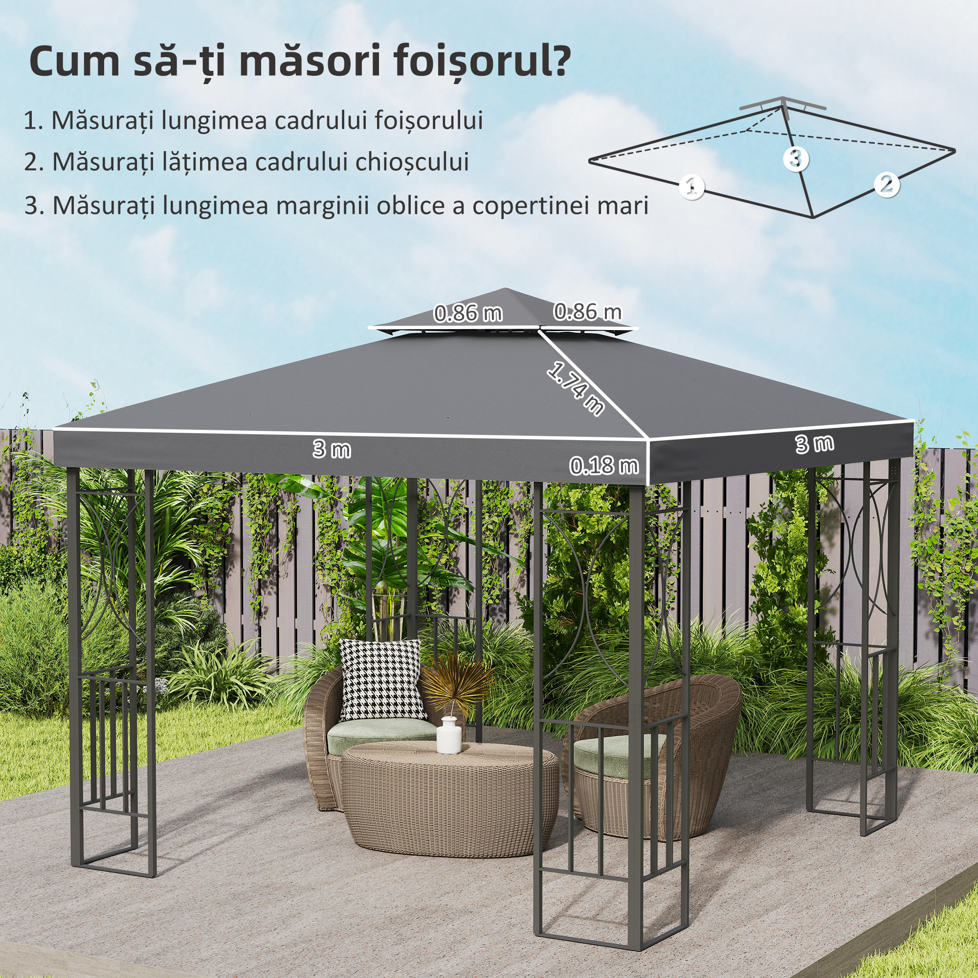  Acoperis de Rezerva pentru Foisor 3x3m cu Design pe Doua Niveluri, Rezistent la Razele UV, Gri inchis [2]