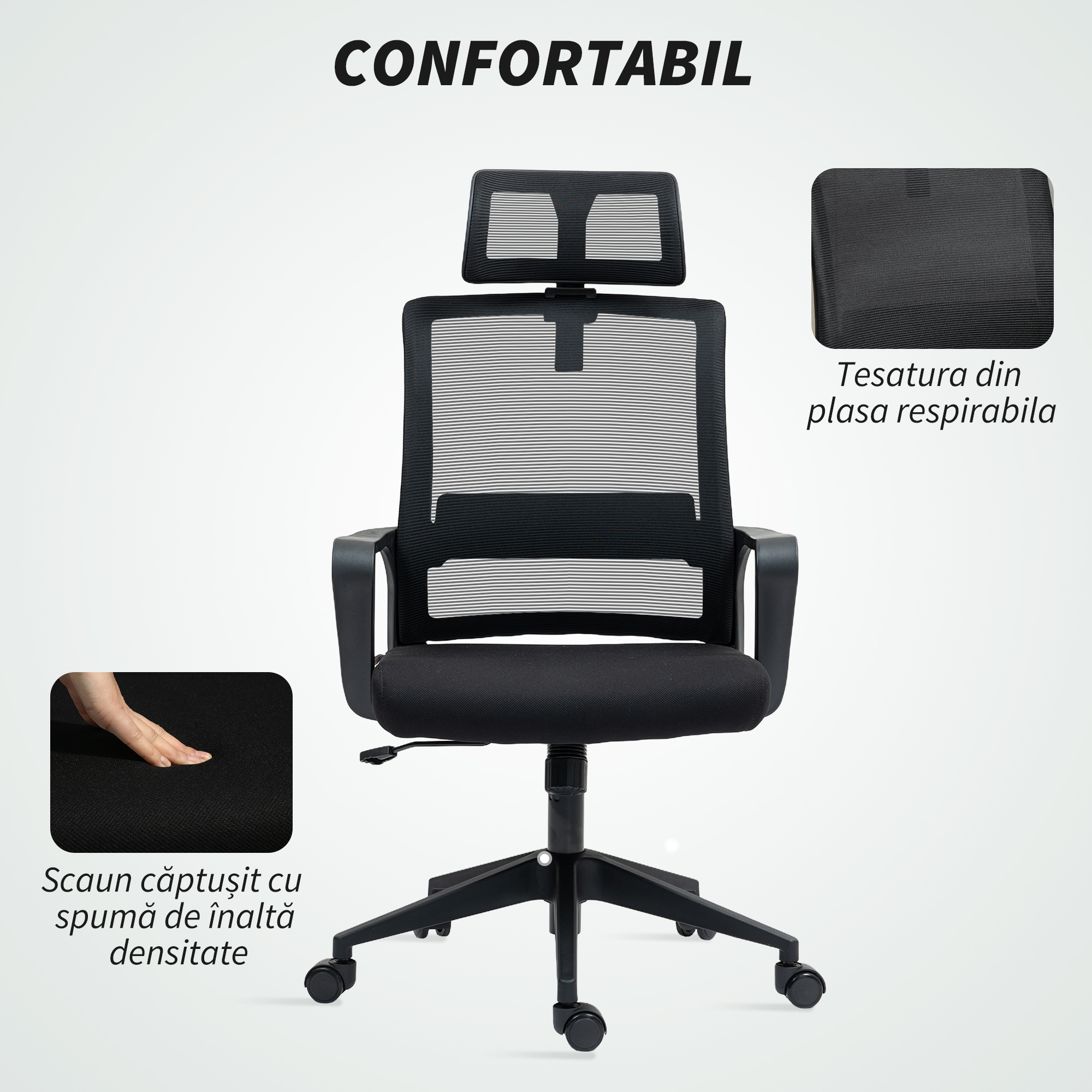  Scaun de Birou Ergonomic cu Tetiera, inaltime Reglabila si Functie de Balansare, 60x64x102-112 cm, Negru [6]