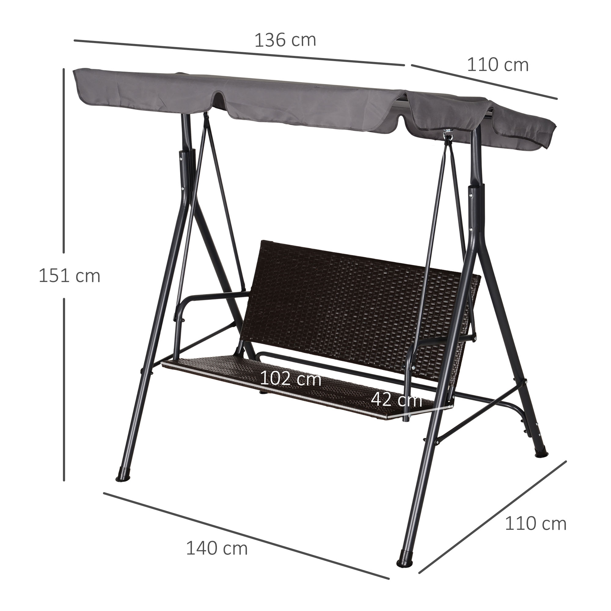  Leagan de Gradina cu 2 Locuri si Acoperis Reglabil, 140x110x151 cm, Maro si Gri [2]