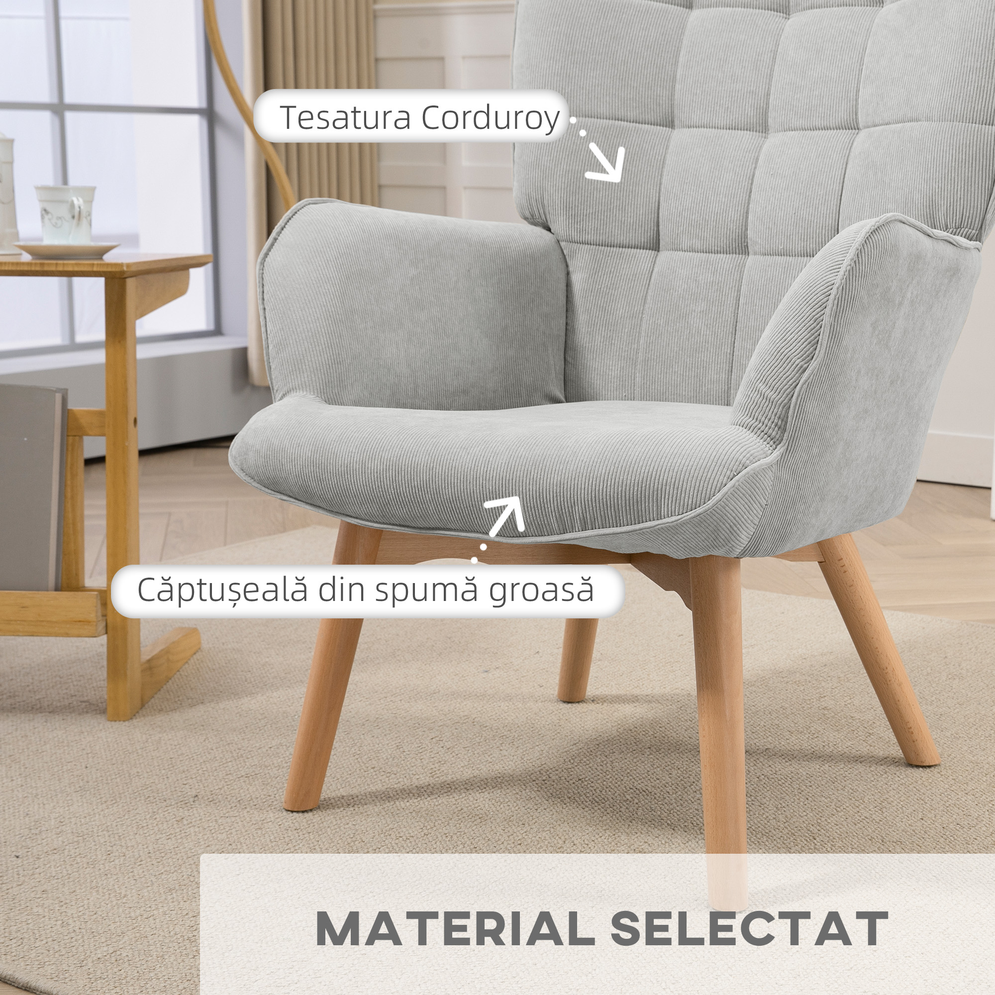  Fotoliu Relax cu Taburet in Catifea cu nervuri, Spatar inalt si Brate, Gri [3]