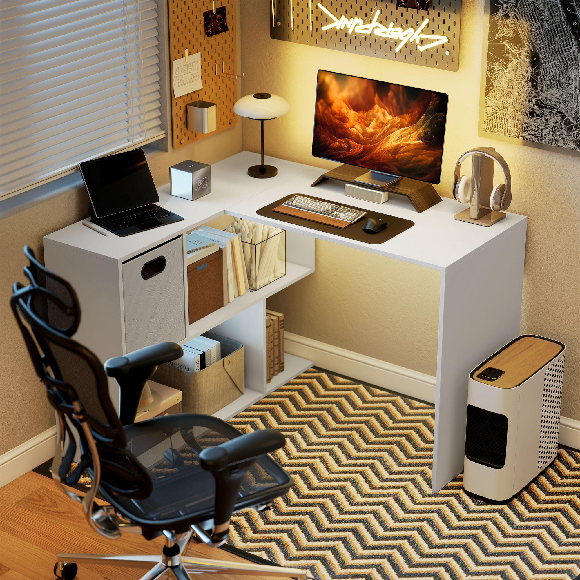  Birou in Forma de L pentru Computer, 110x100 cm, Birou cu Raft si Sertar din Material Textil, Masa PC pentru Dormitor, Birou si Camera de Studiu, Alb [1]