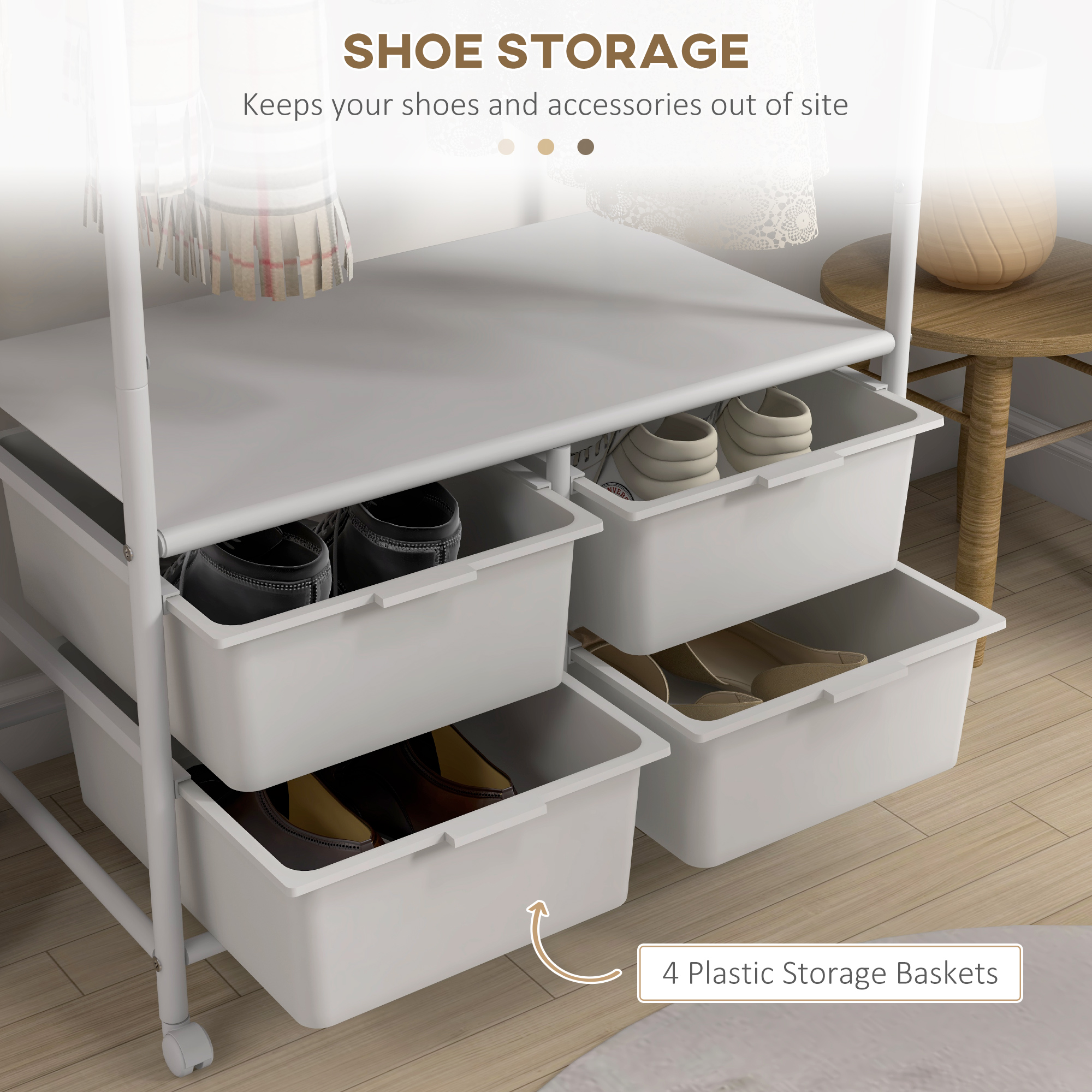  Suport de Haine cu Dulap pentru Pantofi, 4 Cosuri si 8 Carlige, din Otel si Plastic, 63x37x153 cm, Alb [5]