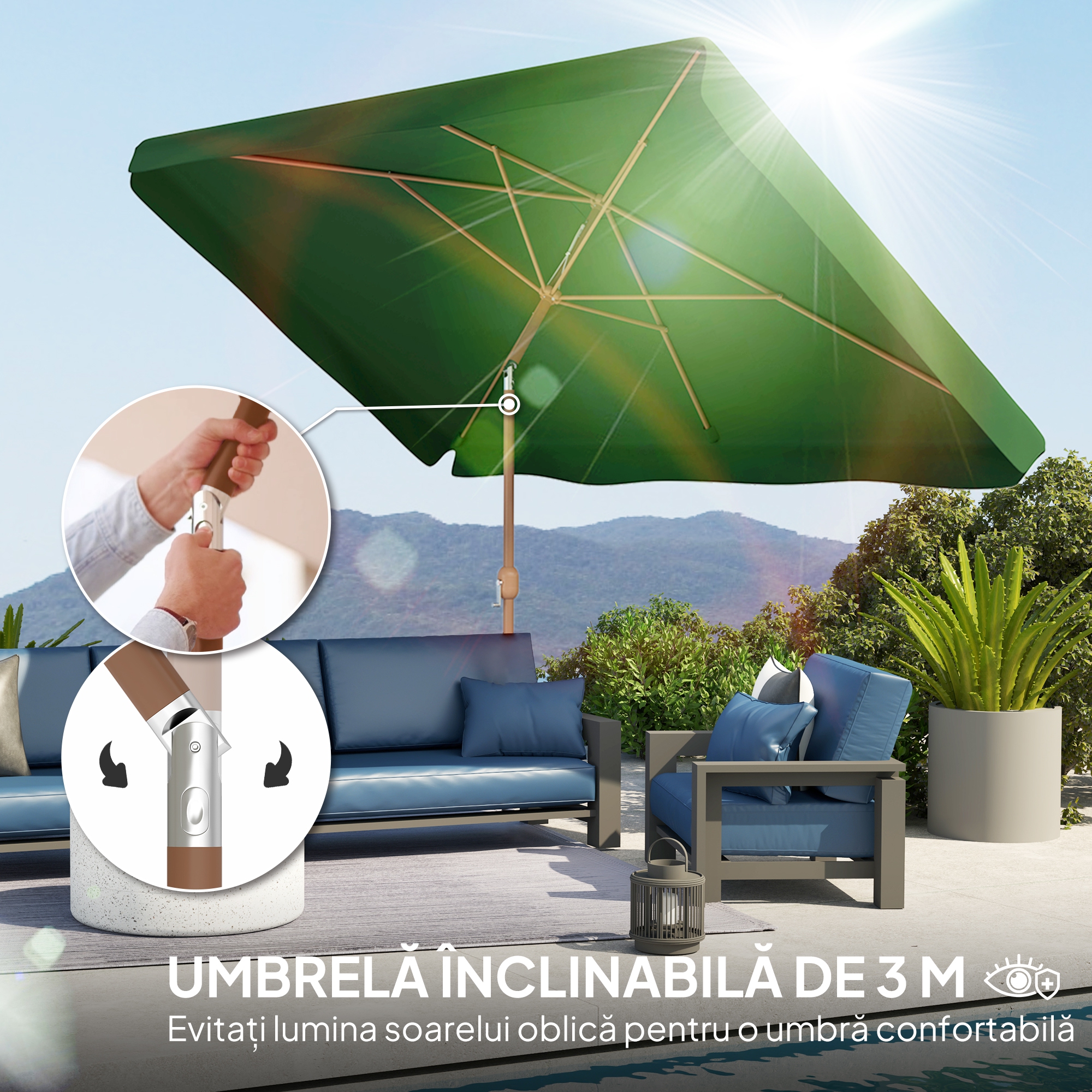  Umbrela de Gradina 2x3 m cu Deschidere cu Manivela, inclinabila si Anti-UV 50+, Verde [3]