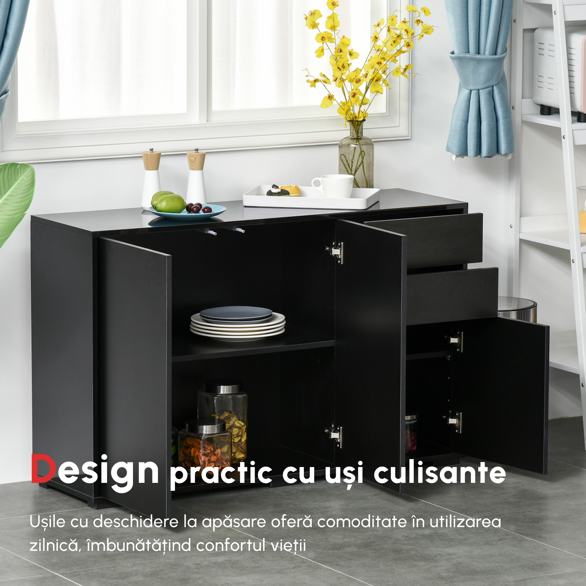 Dulap multifunctional negru  cu 2 sertare si 2 dulapuri cu apasare, 117x36x74cm [4]