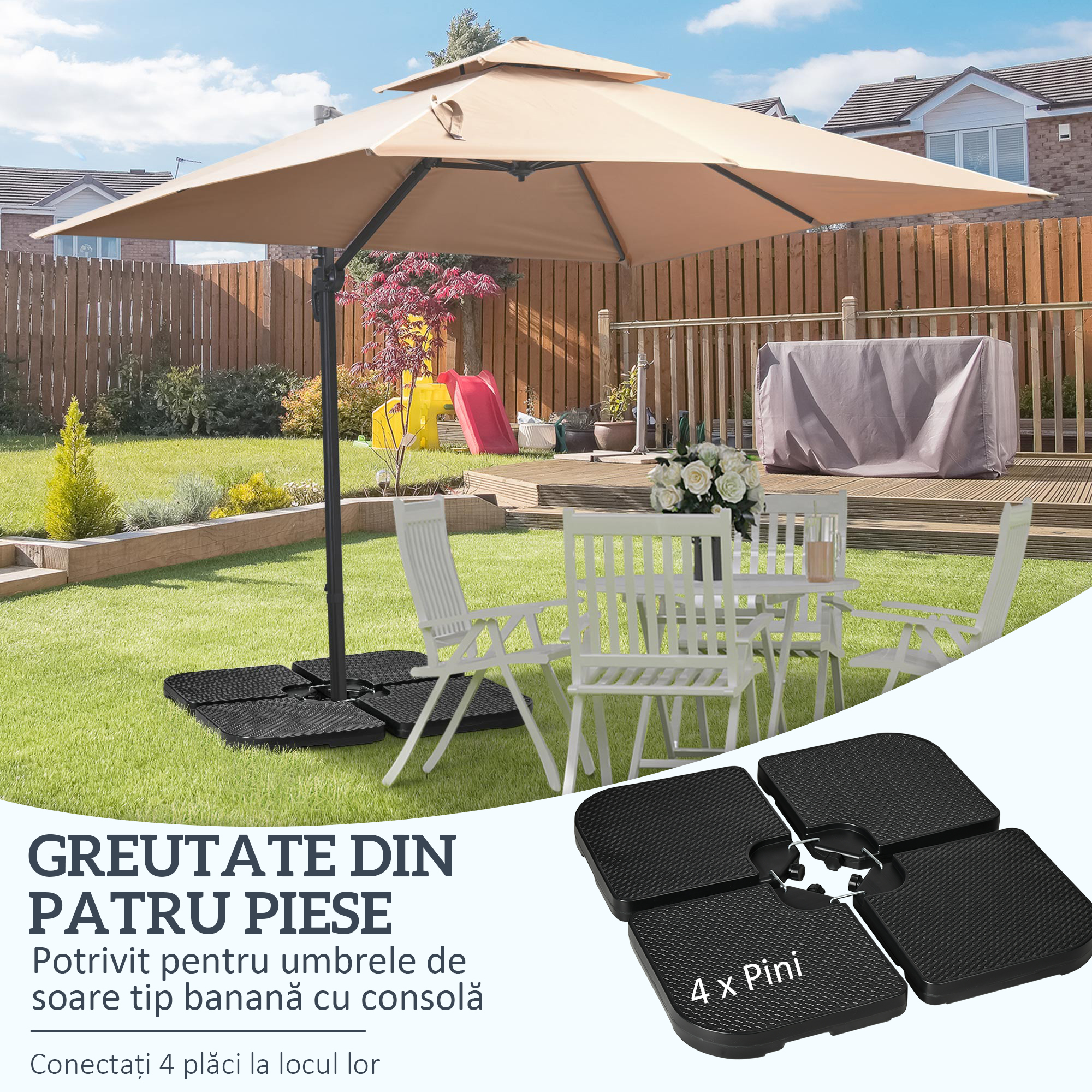 Baza  pentru Umbrela Set 4 Bucati Stivuibile cu Manere Integrate, in HDPE, 100x100x8 cm, Negru [3]