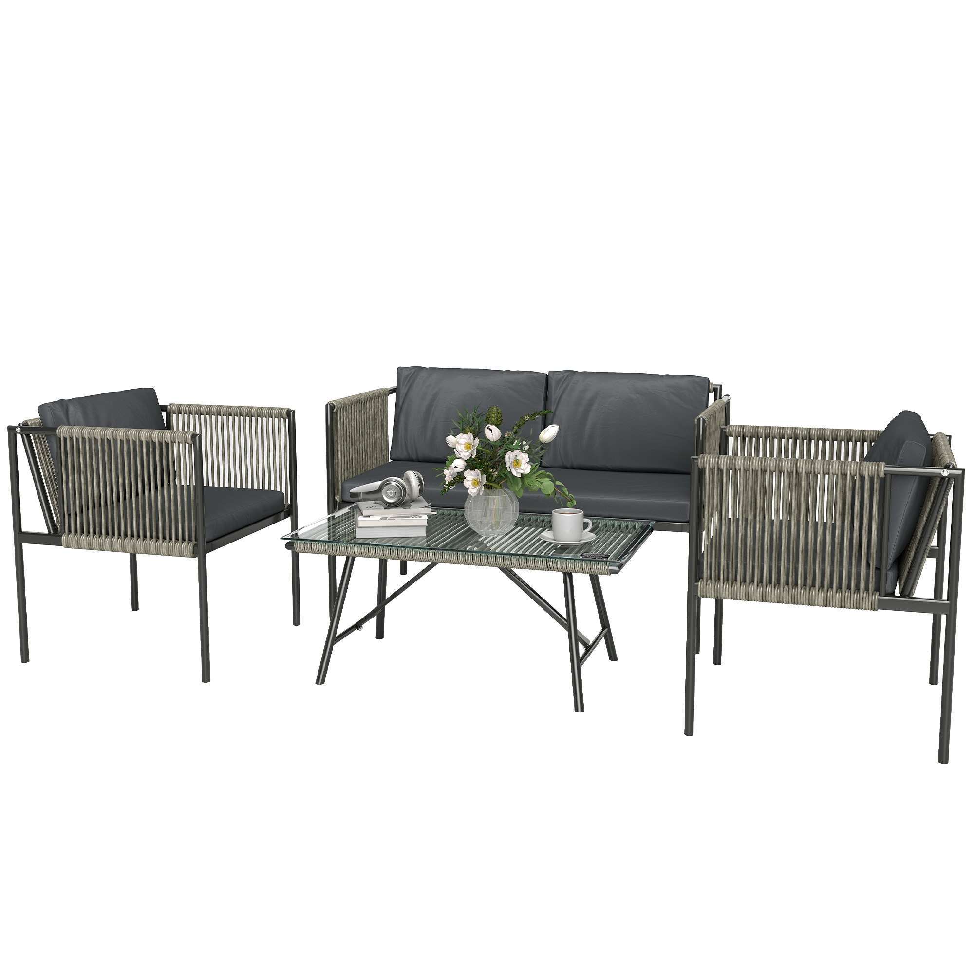 Gradina & balcon -  Set Mobilier de Gradina din Ratan cu 2 Fotolii, Canapea cu 2 Locuri si Masuta de Cafea din Sticla, Gri