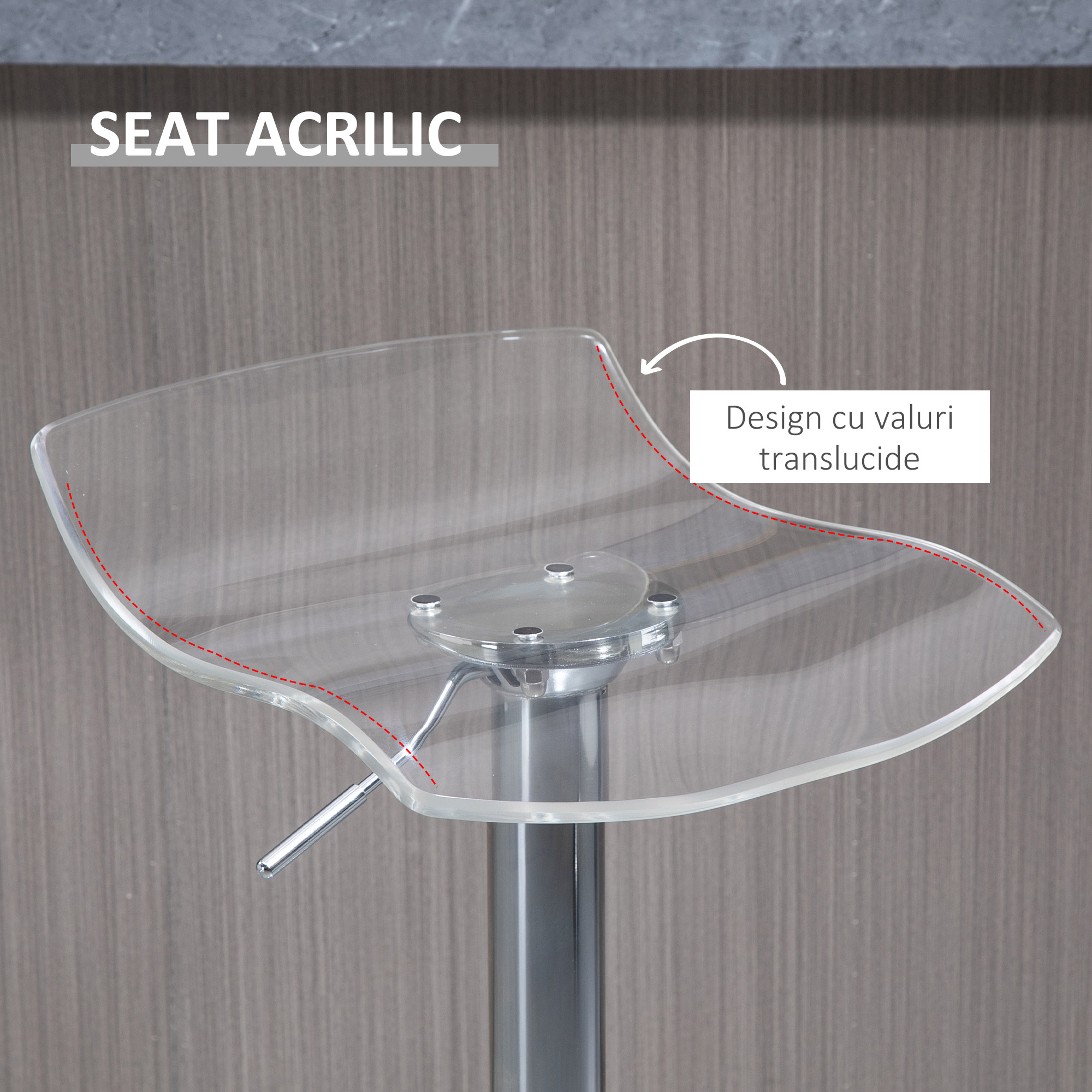  Set 2 Scaune de Bar cu inaltime Reglabila, sezut Rotativ si Suport pentru Picioare, 39x39x67-87 cm, Transparent [3]
