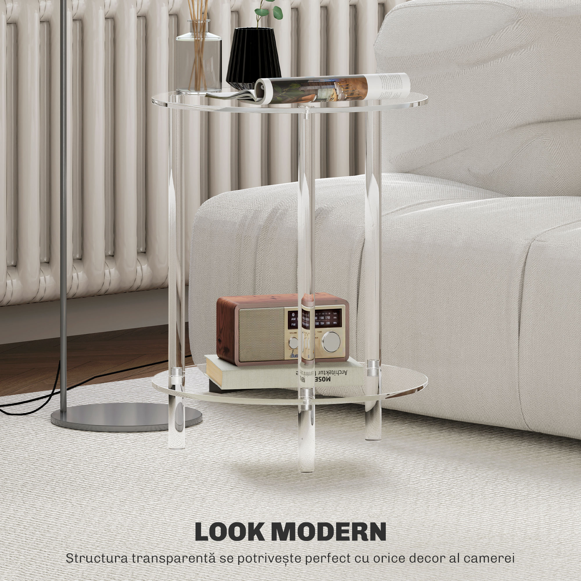  Masa Joasa Rotunda cu 2 Niveluri din Acrilic pentru Interior, Ø40x50 cm, Transparenta [3]