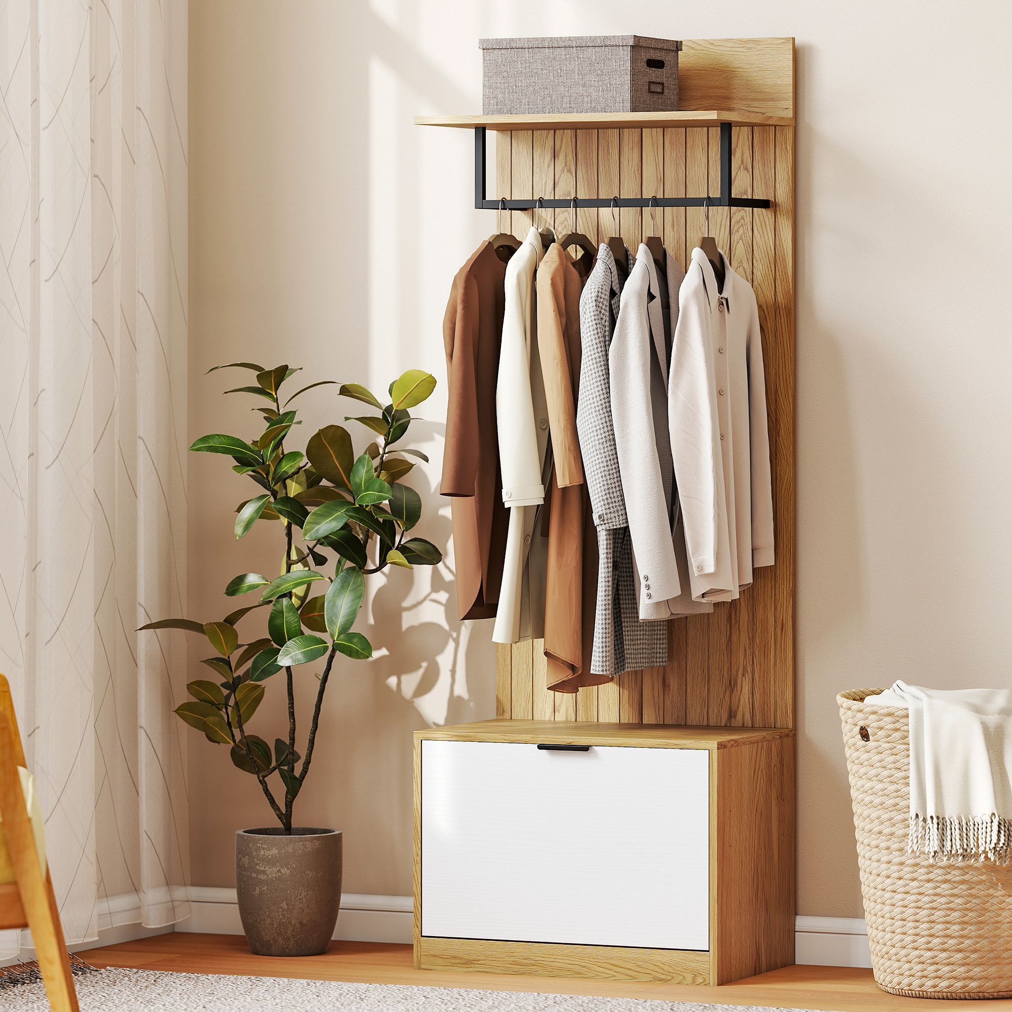  Cuier de Hol cu Pantofar Rabatabil, Cuier cu Banca, 4 Carlige si Rafturi pentru Pantofi, Organizator Modern pentru Hol si Coridor, Stejar si Alb [6]