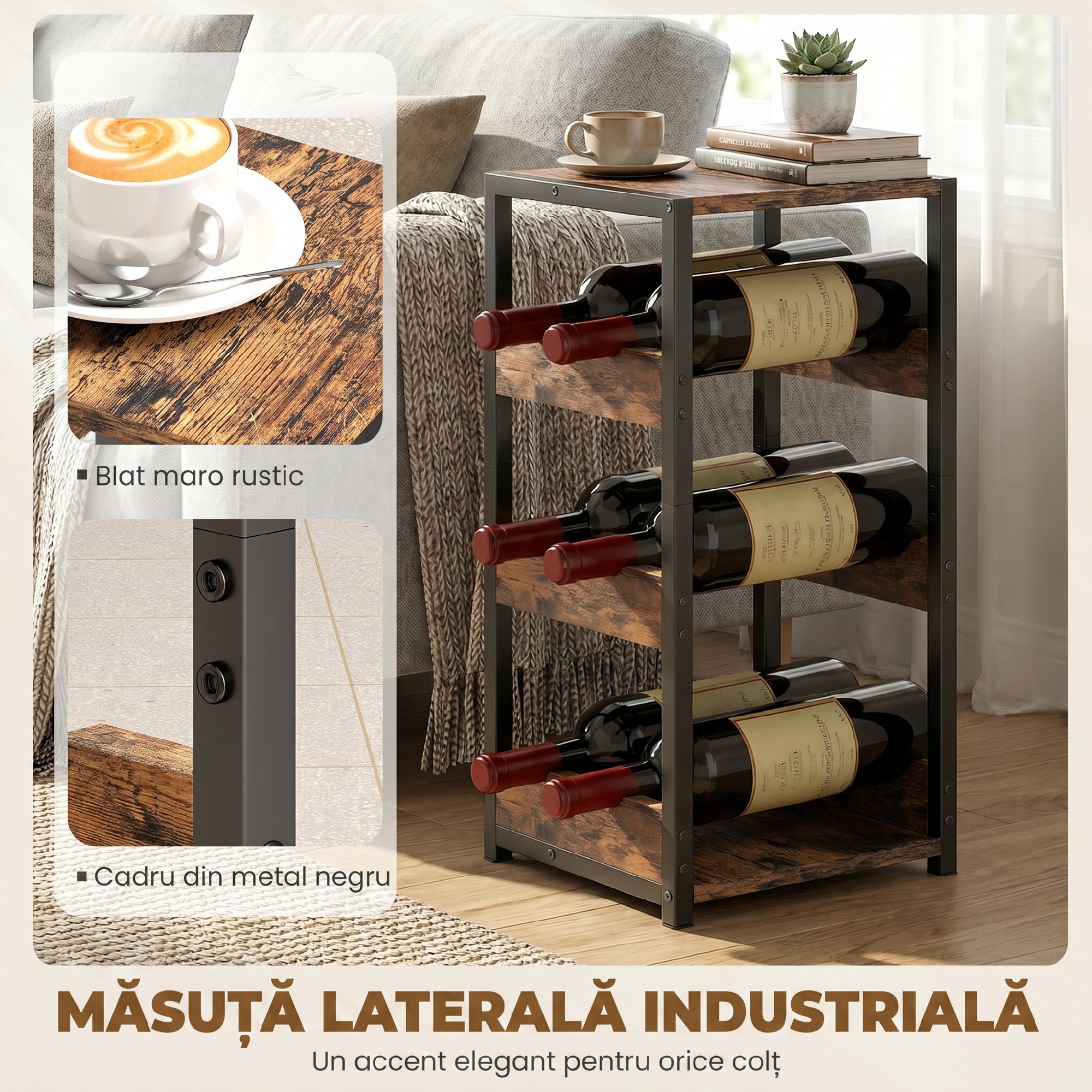  Suport pentru Sticle, Rafturi Ondulate, Picioare Reglabile, Maro Rustic, Negru [5]