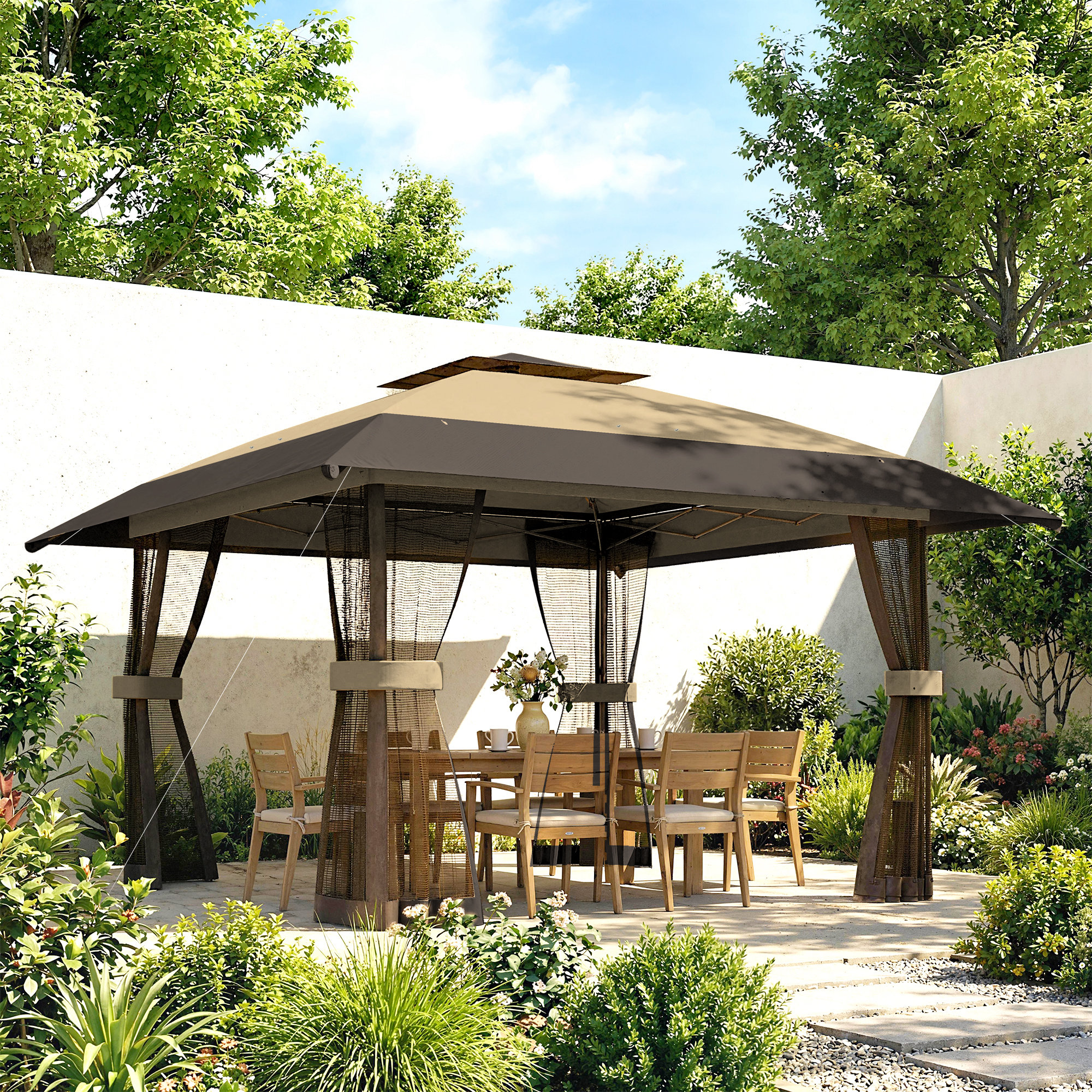  Gazebo pliabil 4x4 m cu 4 plase laterale anti-tantari, acoperis dublu si saci cu nisip, culoare kaki si maro [1]