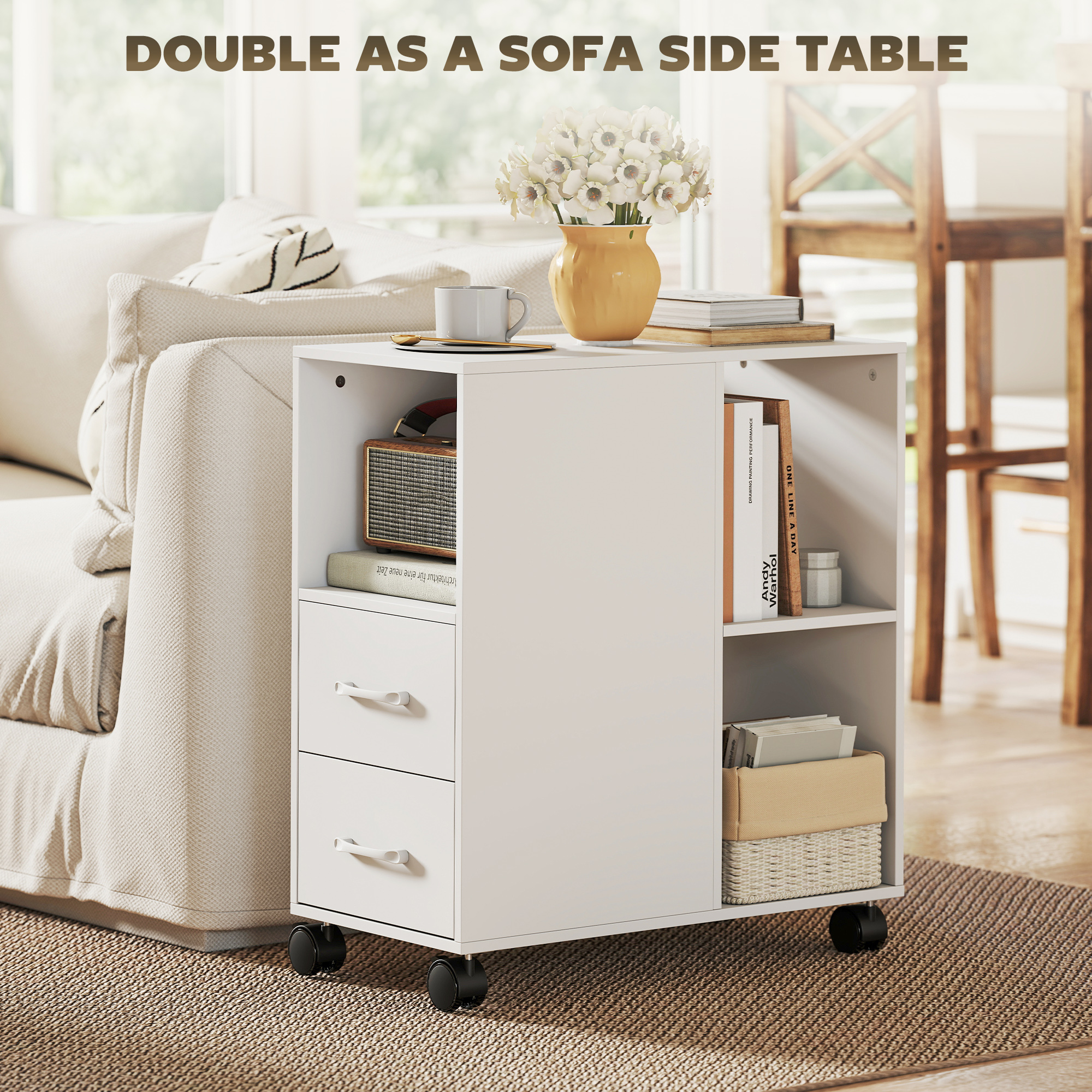  Masuta Minimalista pe Rotile cu 2 Sertare, Compartiment Deschis si Raft Reglabil, din Lemn, 60x30x65 cm, Alb [6]