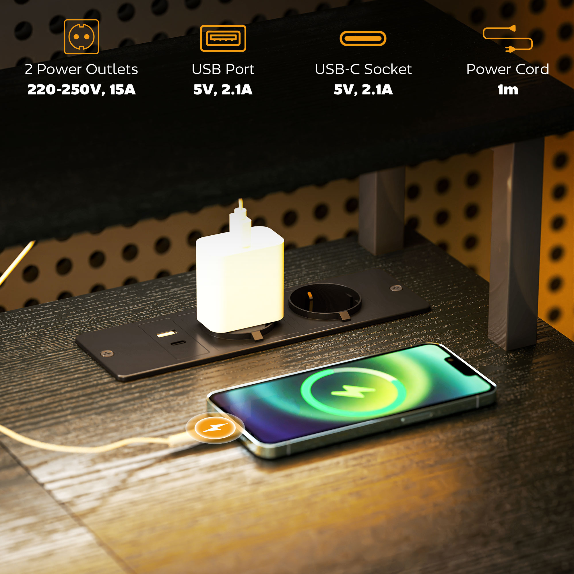  Birou Reversibil pentru Calculator cu Prize, Lumini LED, Suport Dublu si Rafturi Reglabile, 120x50x89,5 cm, Negru [3]