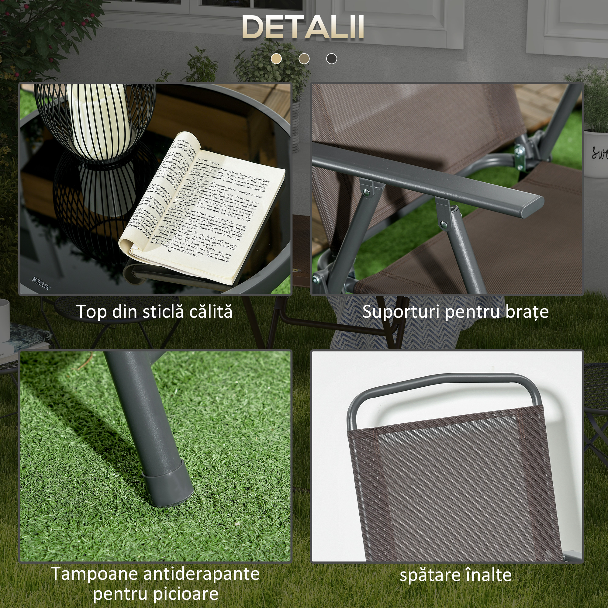  Set de Gradina 3 Piese cu 2 Scaune Pliabile si Masa Rotunda, Set Mobilier de Exterior din Metal si Sticla, Maro [6]