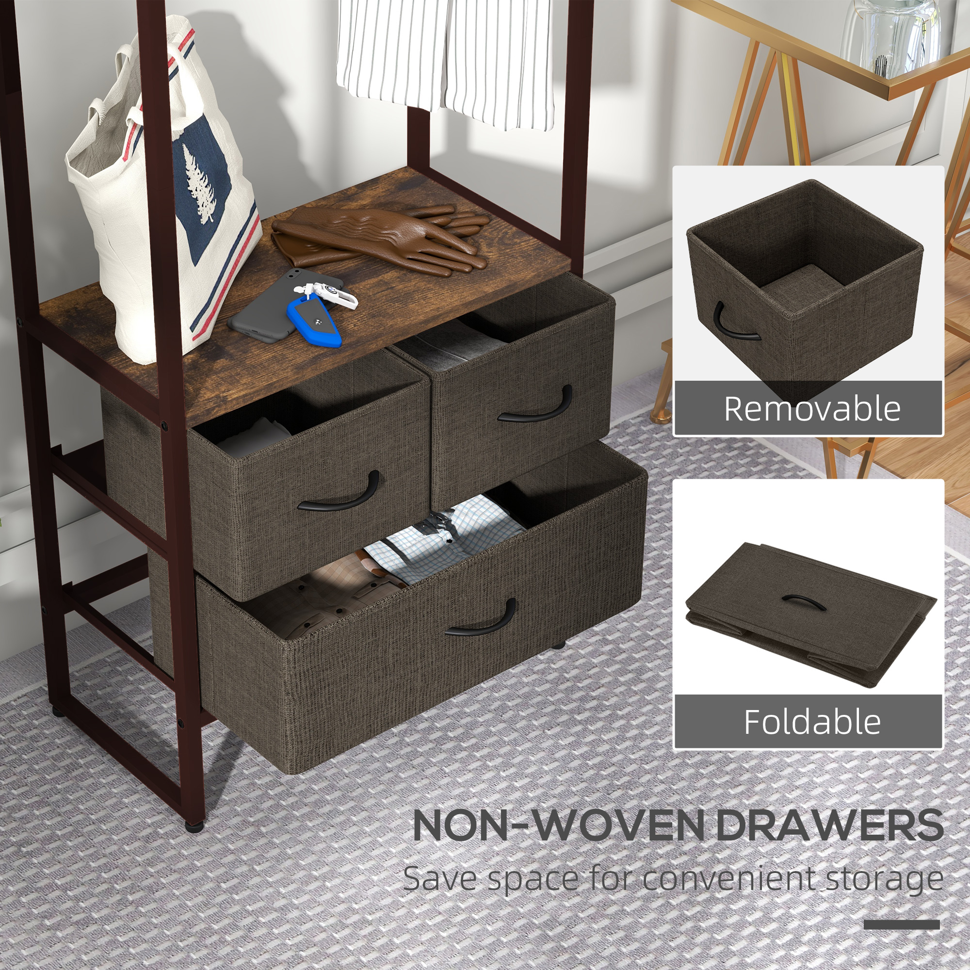  Cuier de Podea cu Bara, 3 Sertare si Rafturi, din Lemn MDF si Otel, 58,5x30x178 cm, Maro [4]