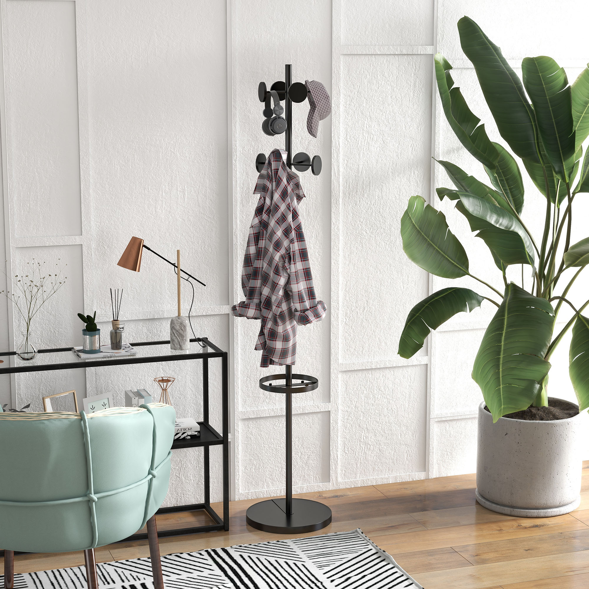  Suport pentru Haine si Umbrele, Cuier Independent cu 8 Carlige Rotunde pentru Haine, Palarii si Posete, Φ34x177 cm, Negru [1]