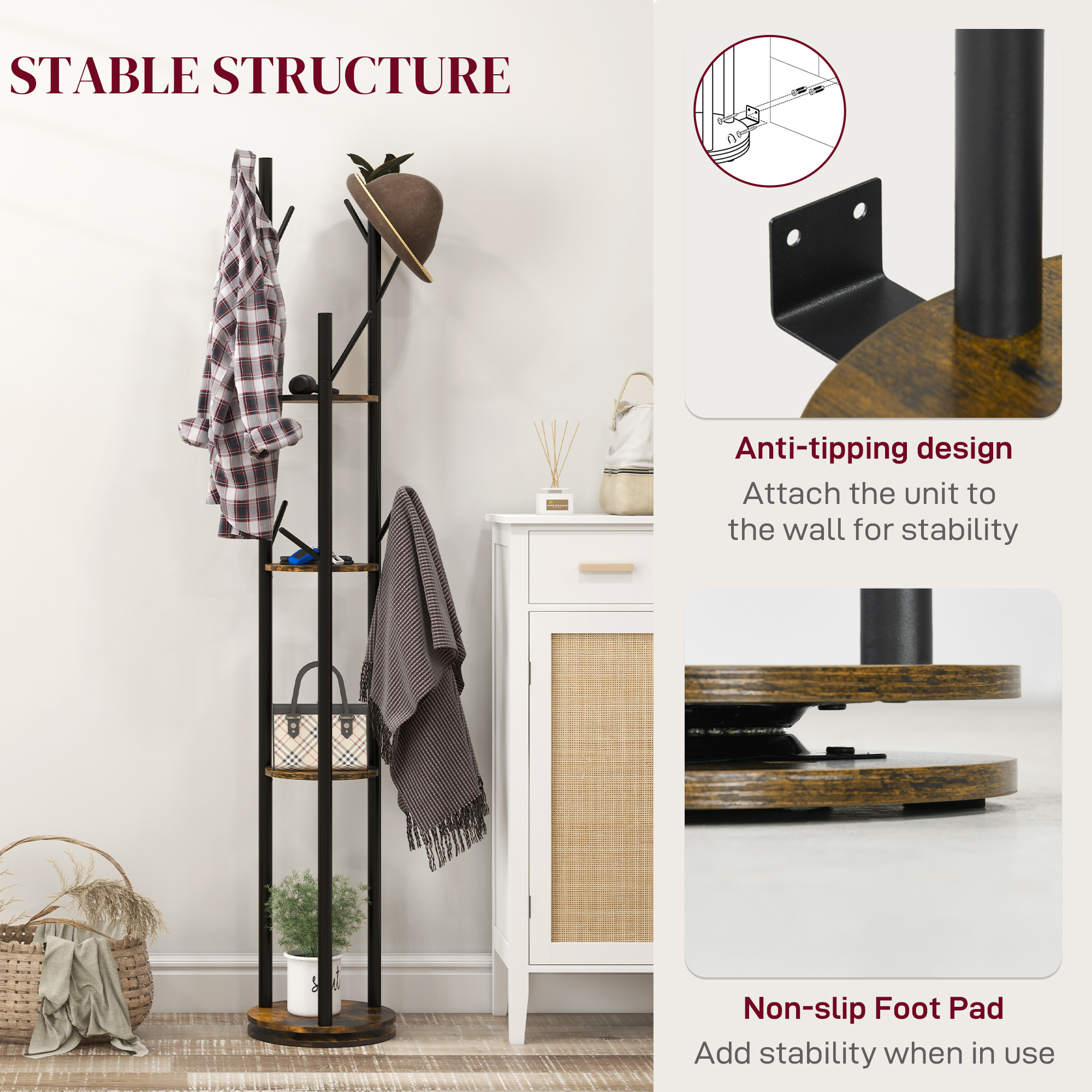  Cuier rotativ de podea cu 8 carlige si 4 rafturi, stil industrial, Ø30x175cm, maro [5]