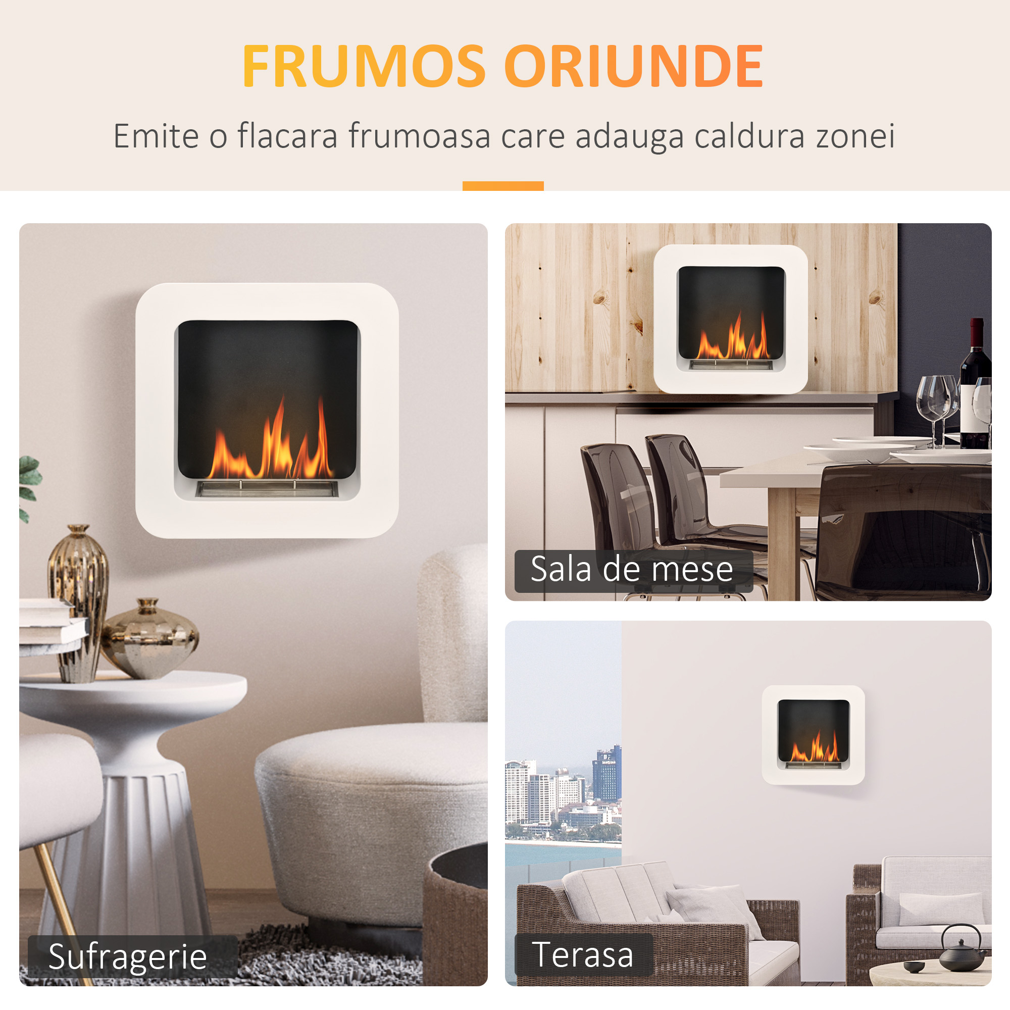  Semineu cu bioetanol montat pe perete , din metal, ardere de 2,5 ore, cu rezervor de 1 l si capac de 20 m², 48x18x48cm, alb [5]