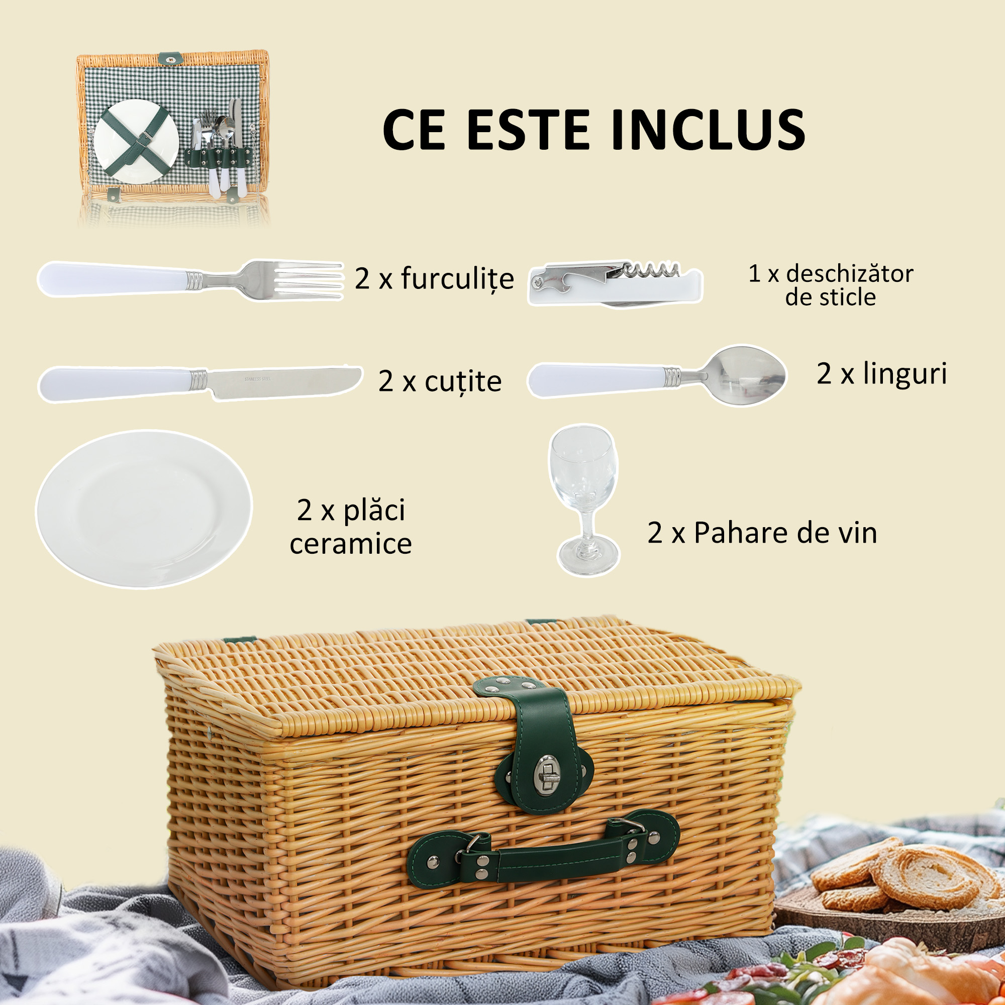  Cos de Picnic din Rachita pentru 2 Persoane cu Zona Frigorifica si Vesela, 40x30x20 cm, Maro Deschis [3]