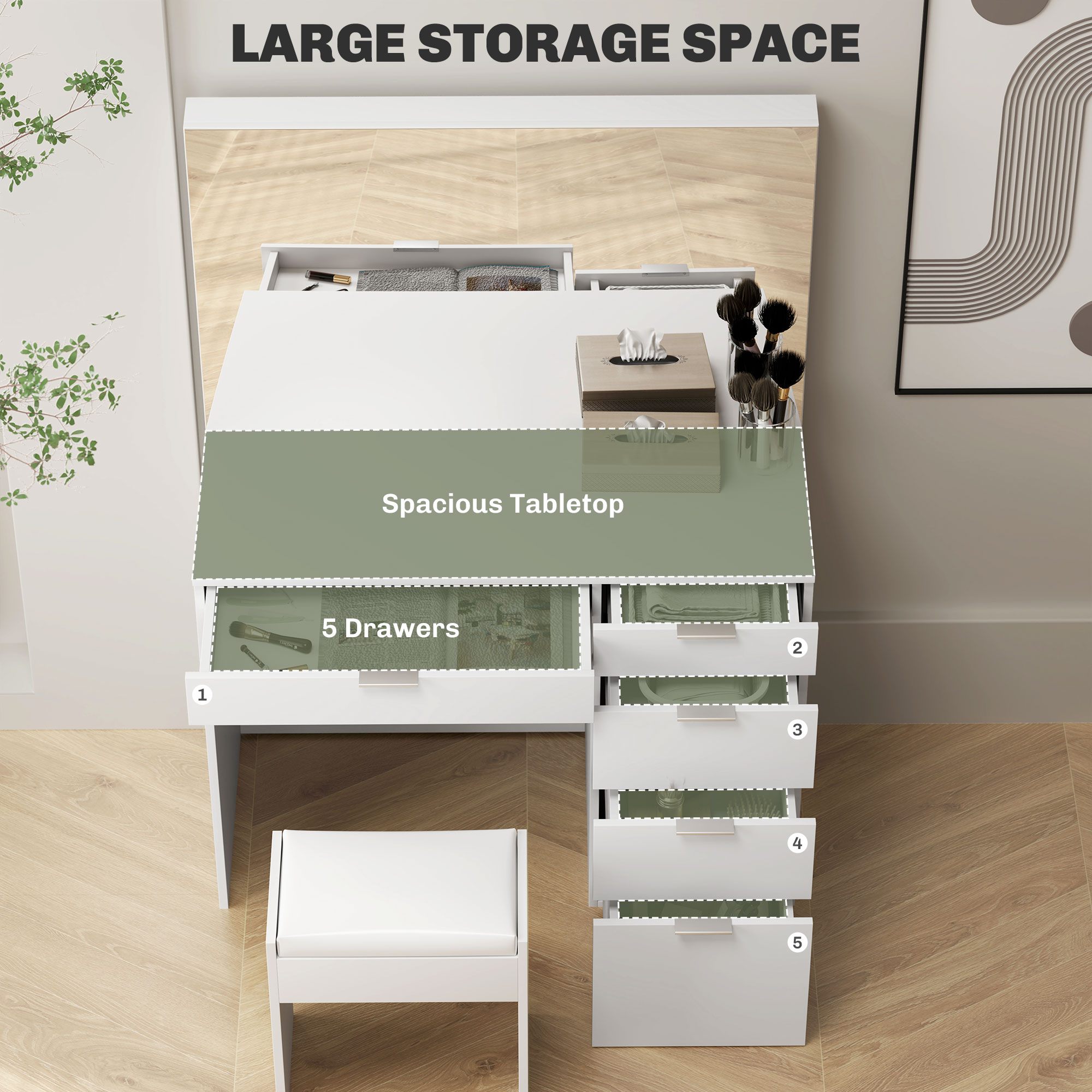  Set Masa de Toaleta cu Oglinda si 5 Sertare 97,2x44,5x136,5 cm si Taburet Captusit 40x24x46 cm, Alb [4]