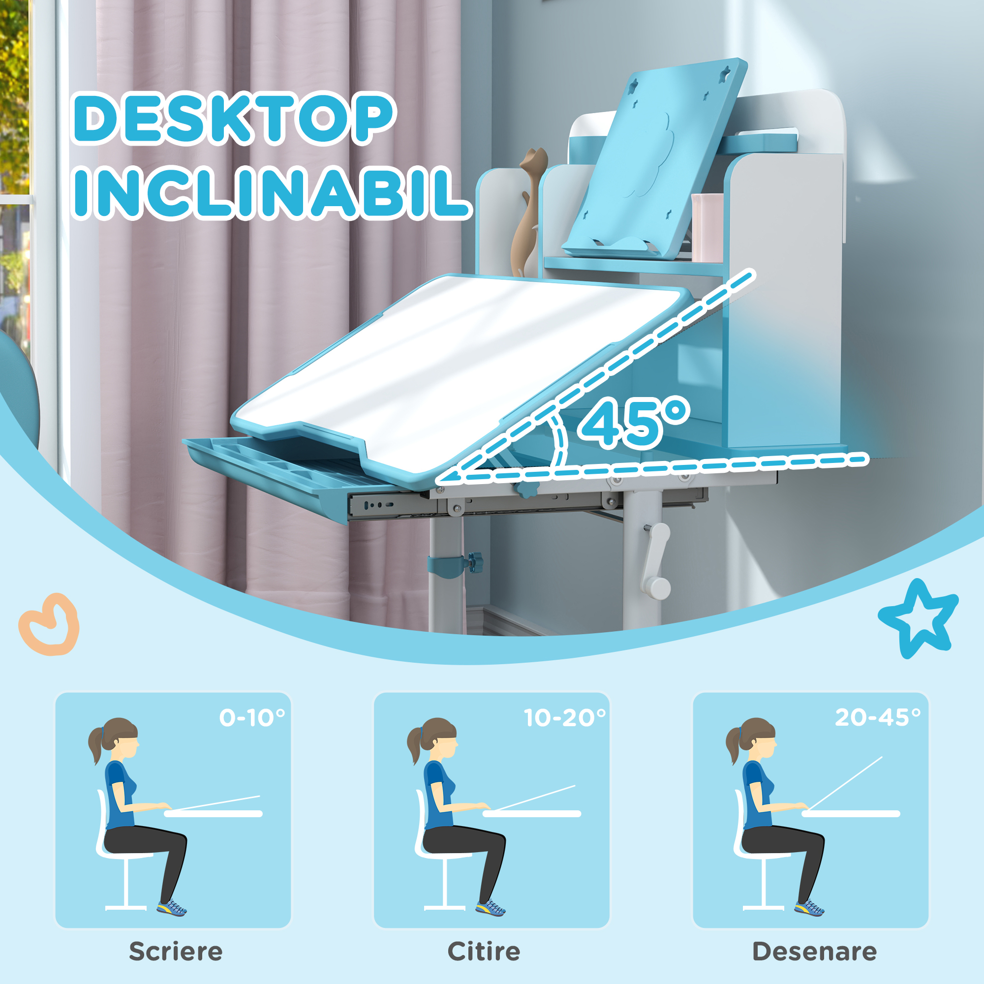  Set Birou si Scaun pentru Copii 3-12 Ani, Reglabil pe inaltime cu Blat inclinabil 0-45° 80×55×107,5 cm, Albastru [3]