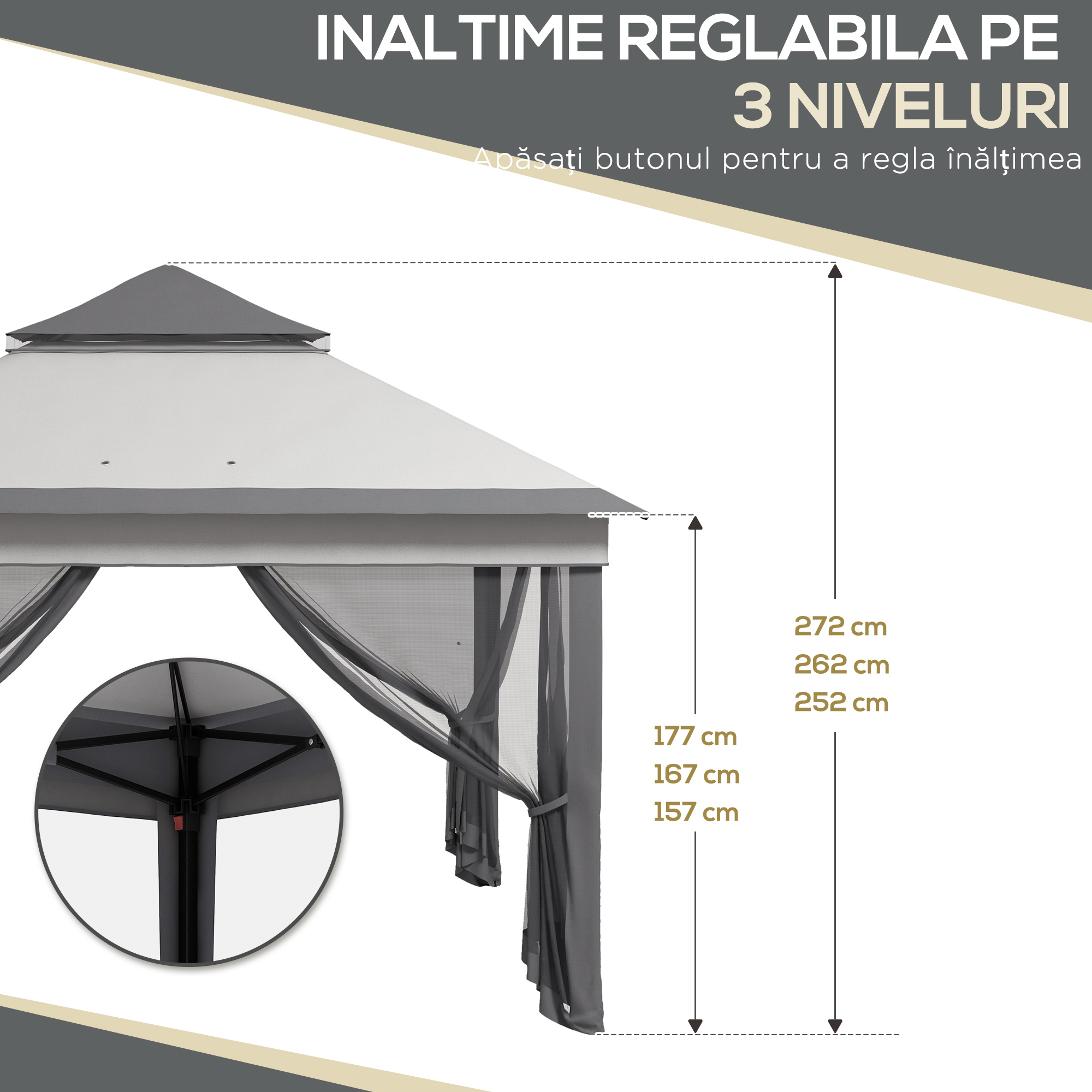  Foisor Pop Up Reglabil in inaltime cu Plasa si Geanta de Transport, 326x326x272 cm, Bej [4]